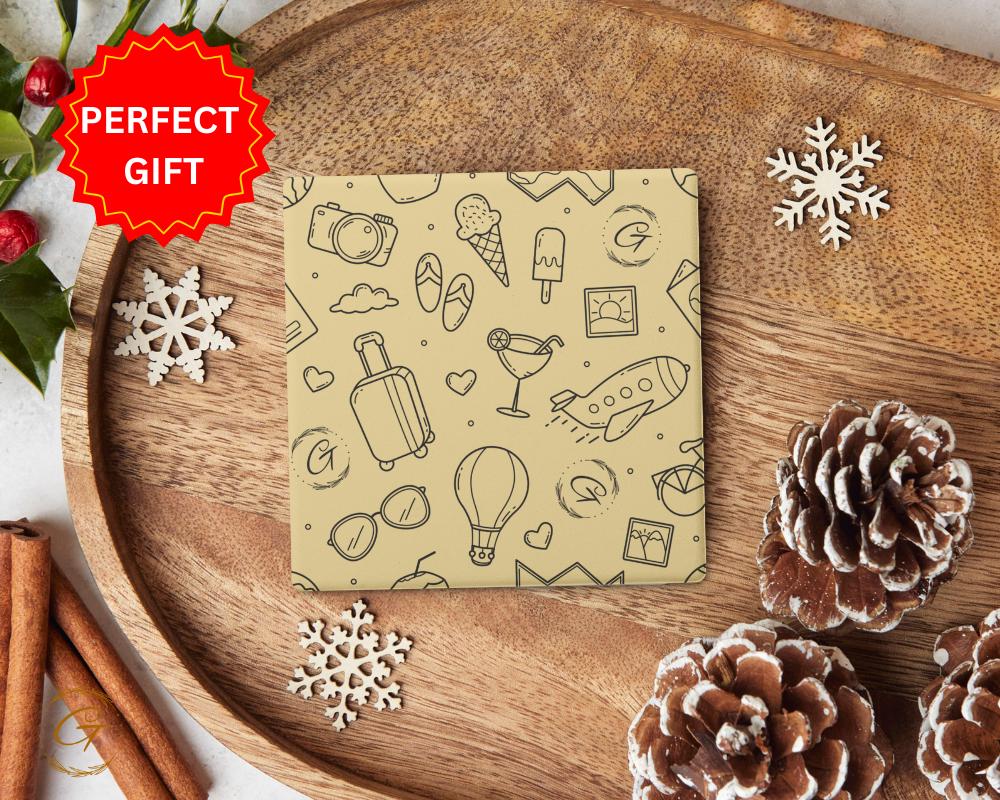 Soapstone Coaster with Doodle Hobby Pattern Design, Unique Drink Coaster with Cork Backing Perfect for Home Decor or Gift Idea for Hobbyists