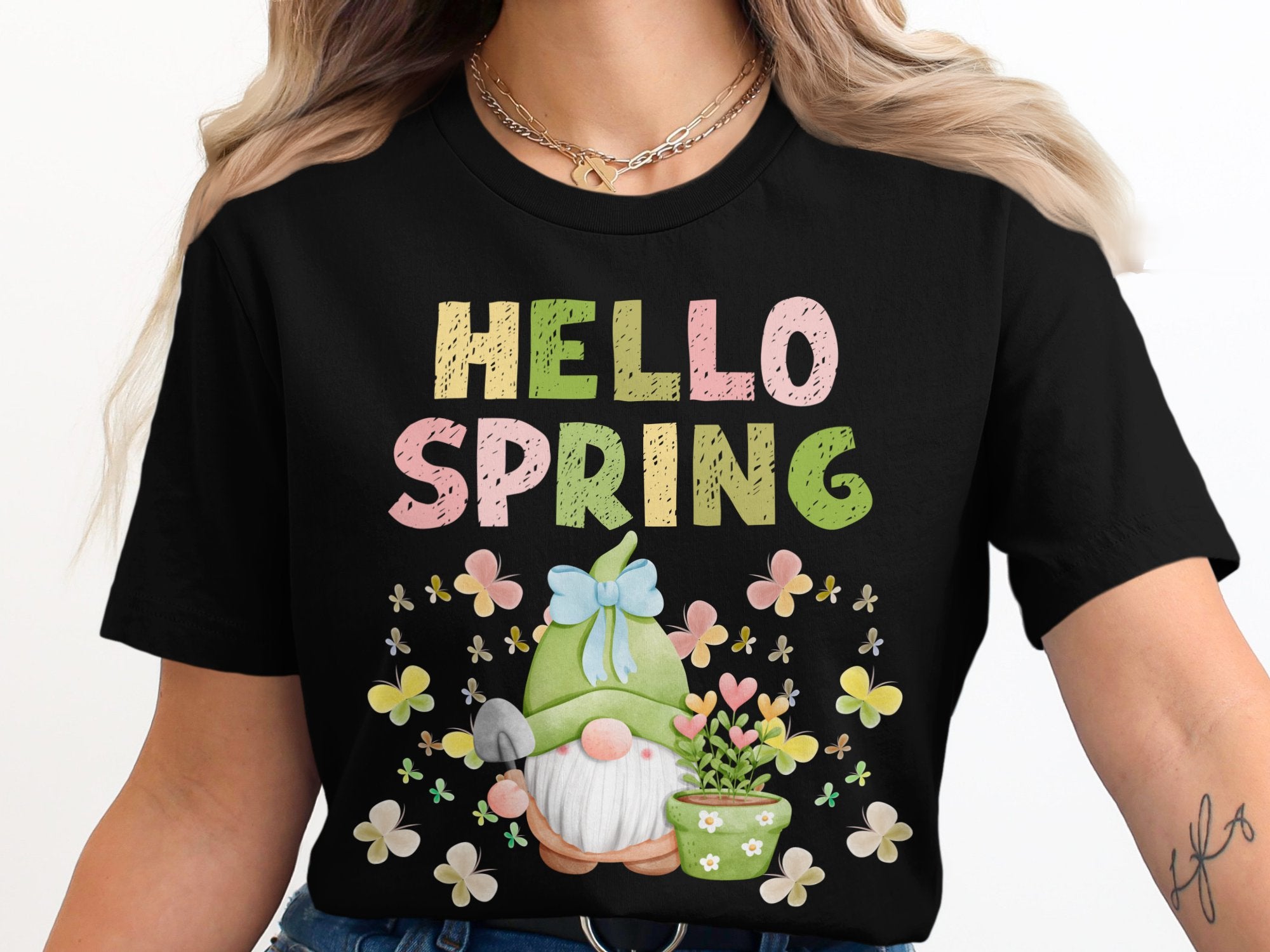 Hello Spring Gnome and Flowers Graphic T-shirt product type