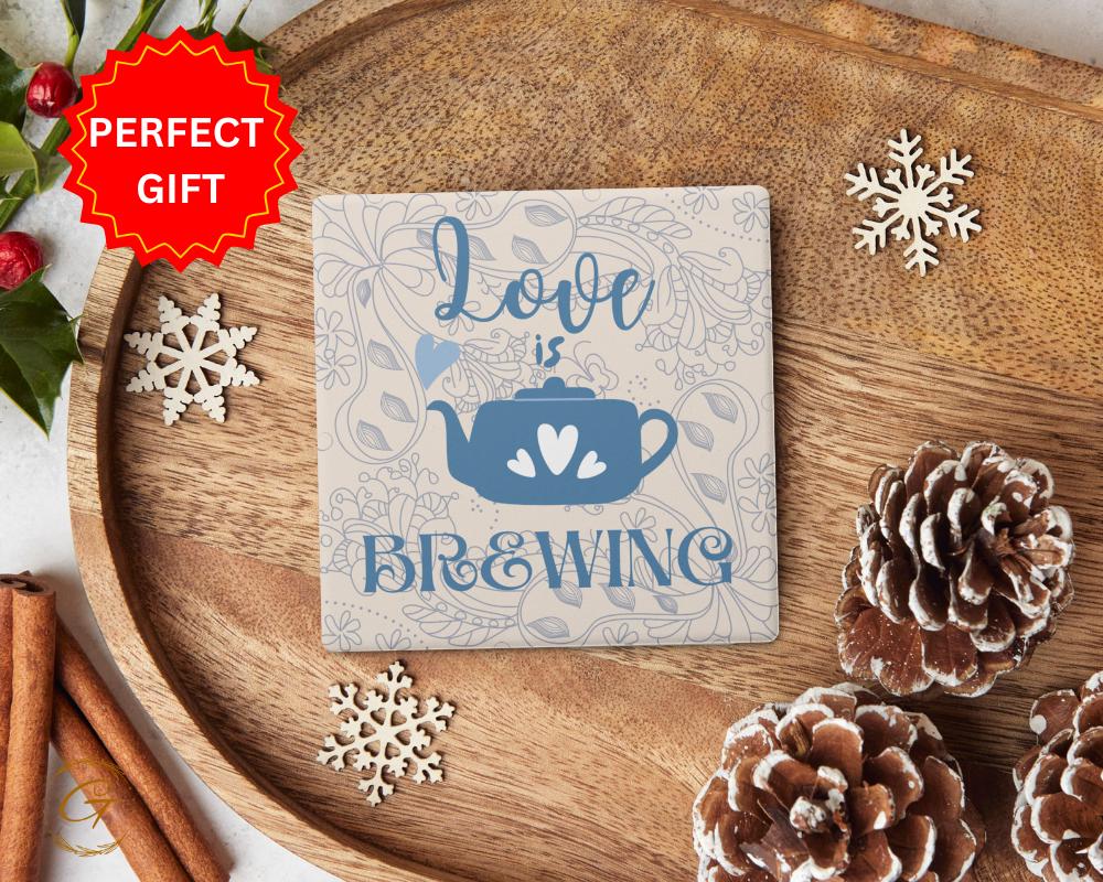 Soapstone Coaster with Love Is Brewing Design Cork Backing Perfect for Coffee Lovers Cute Gift Idea  Home Decor, Stylish Drinkware Accessory