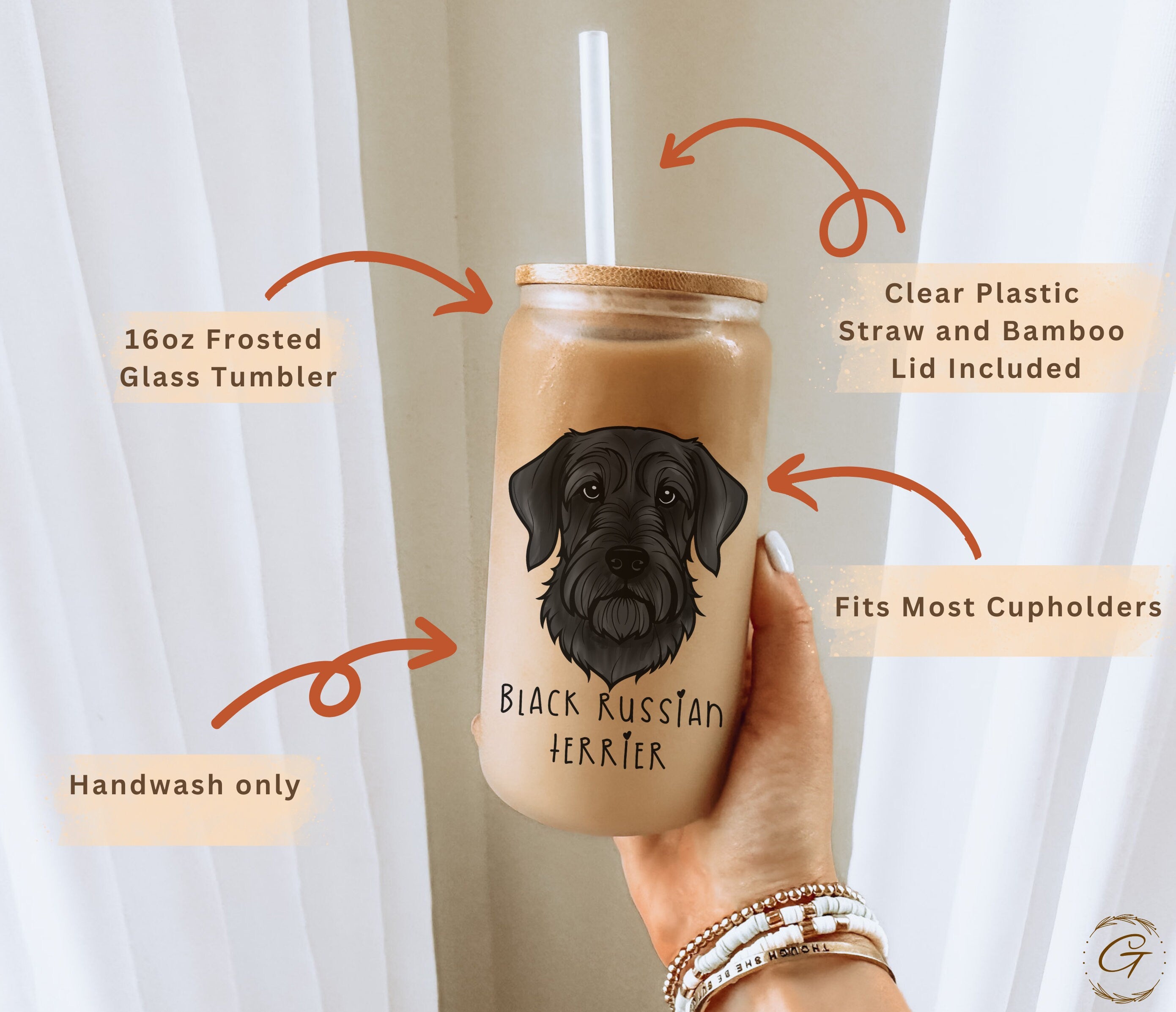 Black Russian Terrier Design Frosted Glass Cup Personalized Dog Breed Coffee Cup