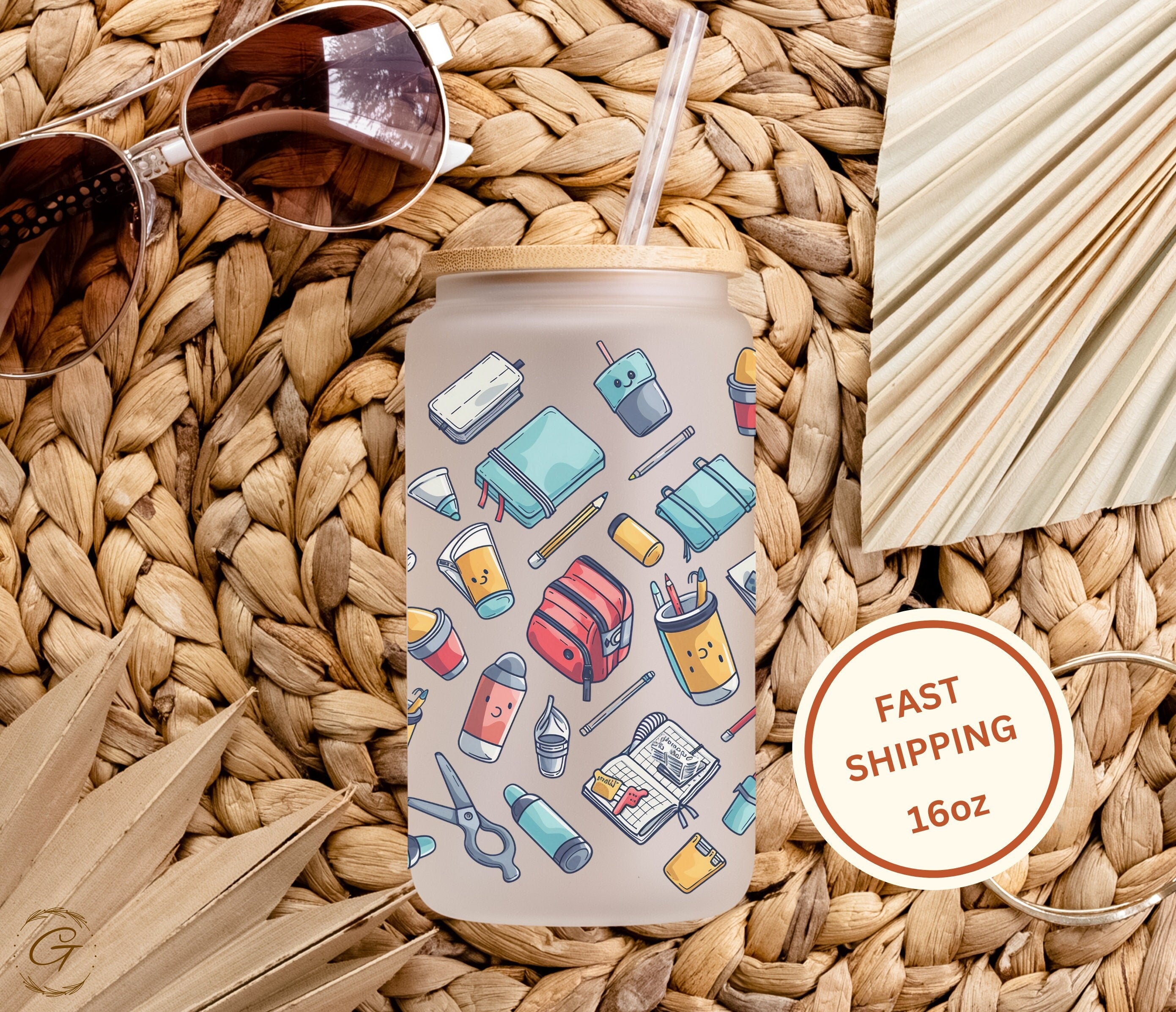 School Supplies Pattern Frosted Glass Cup