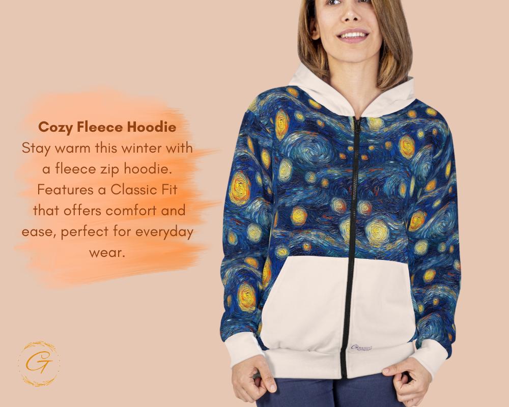 Starry Night White Pocket Design Zip Hoodie All-Over Print