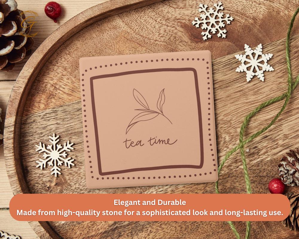 Soapstone Coaster Tea Time Brown Square Design with Cork Backing Unique Tea Lovers Gift,Functional Home Decor Stylish Table's Drink Coaster