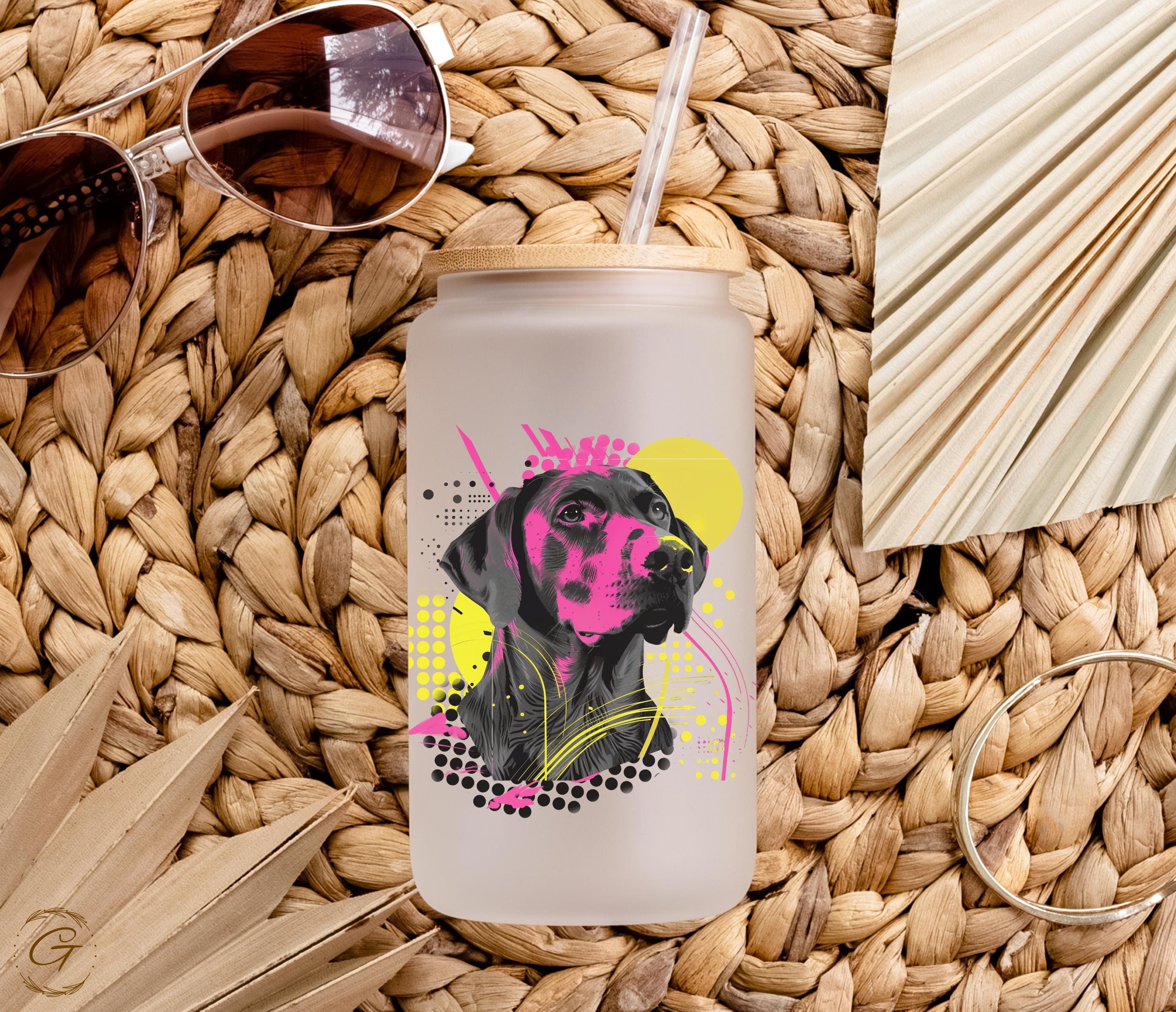 Dog Art Neon Colored Design Frosted Glass Cup