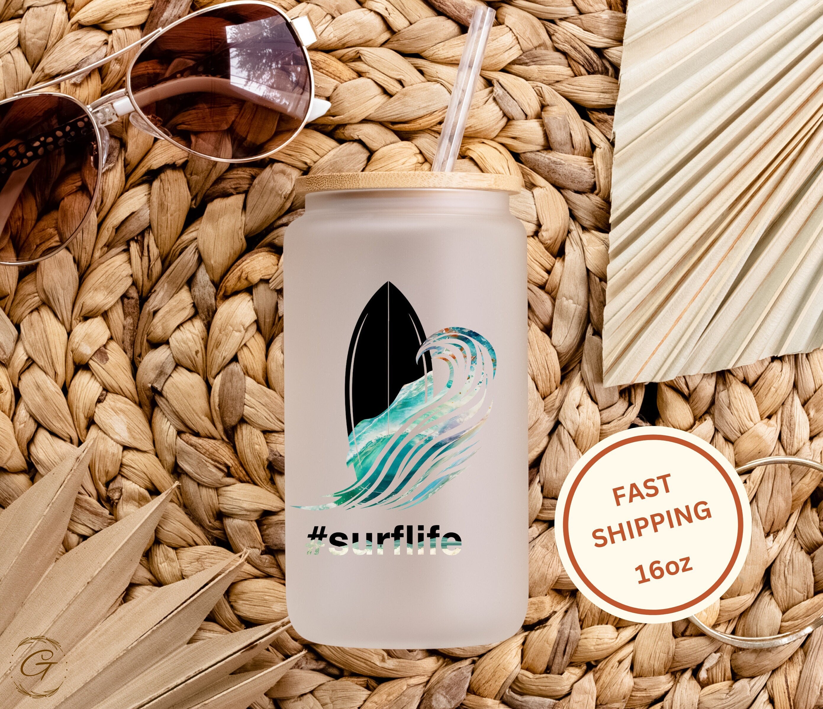 Surf Life Design Frosted Glass Cup, Personalized Beach Waves Libbey Cup