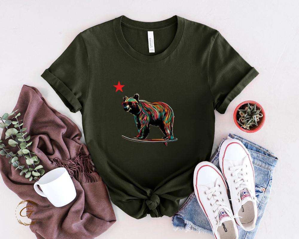 Colorful Bear Tee Surfing Design T-Shirt