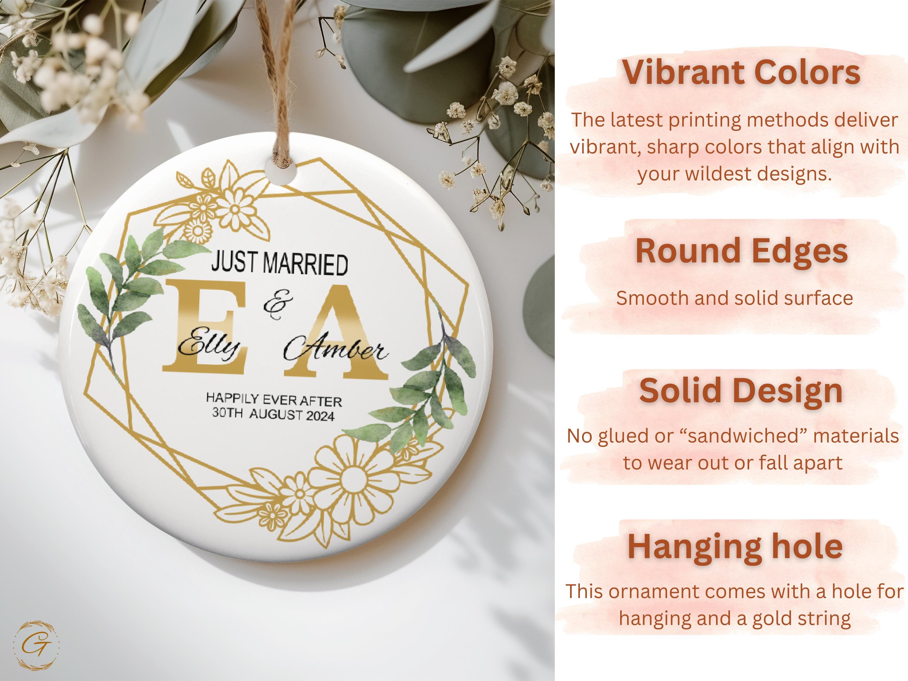 Custom Just Married Ornament, Personalized Keepsake, Custom Wedding Date Gift, Geometric Floral Design Newlywed Decoration 2024, Ideal Gifts