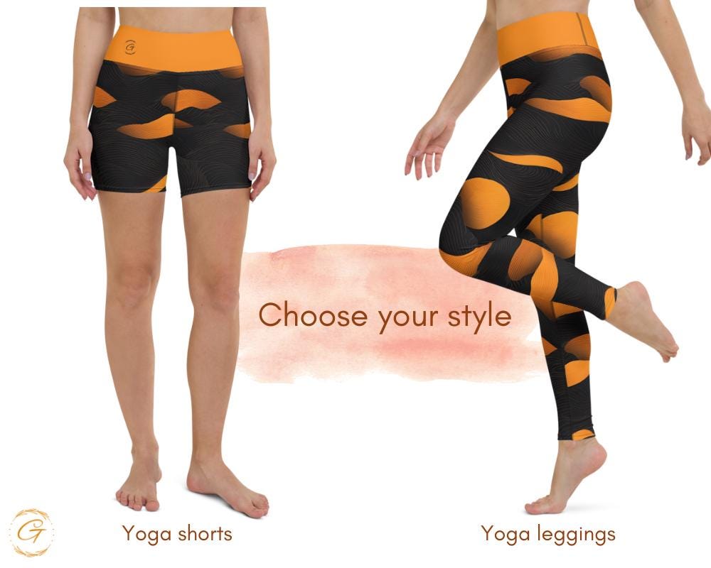 Bold Orange Black Abstract Yoga Leggings and Shorts - AOP High-Waist Activewear for Women, Unique Gift for Yoga Enthusiast, Ideal Yogis Gift