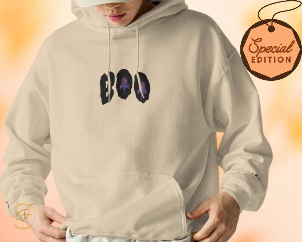 Halloween Boo Hoodie, Embroidery Ghost Design Hooded Pullover Spooky Sweatshirt, Ghostly Hooded Top Halloween Pullover with Hood, Boo Hoodie