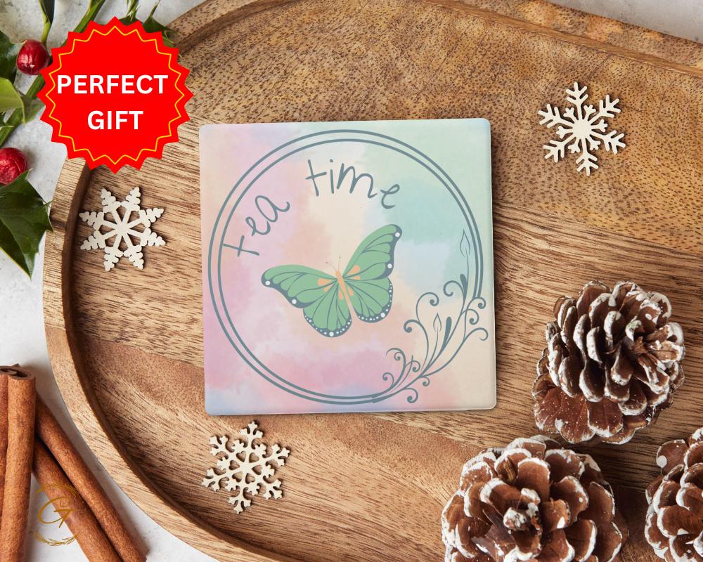 Elegant Square Stone Coasters with Tea Time & Butterfly Design