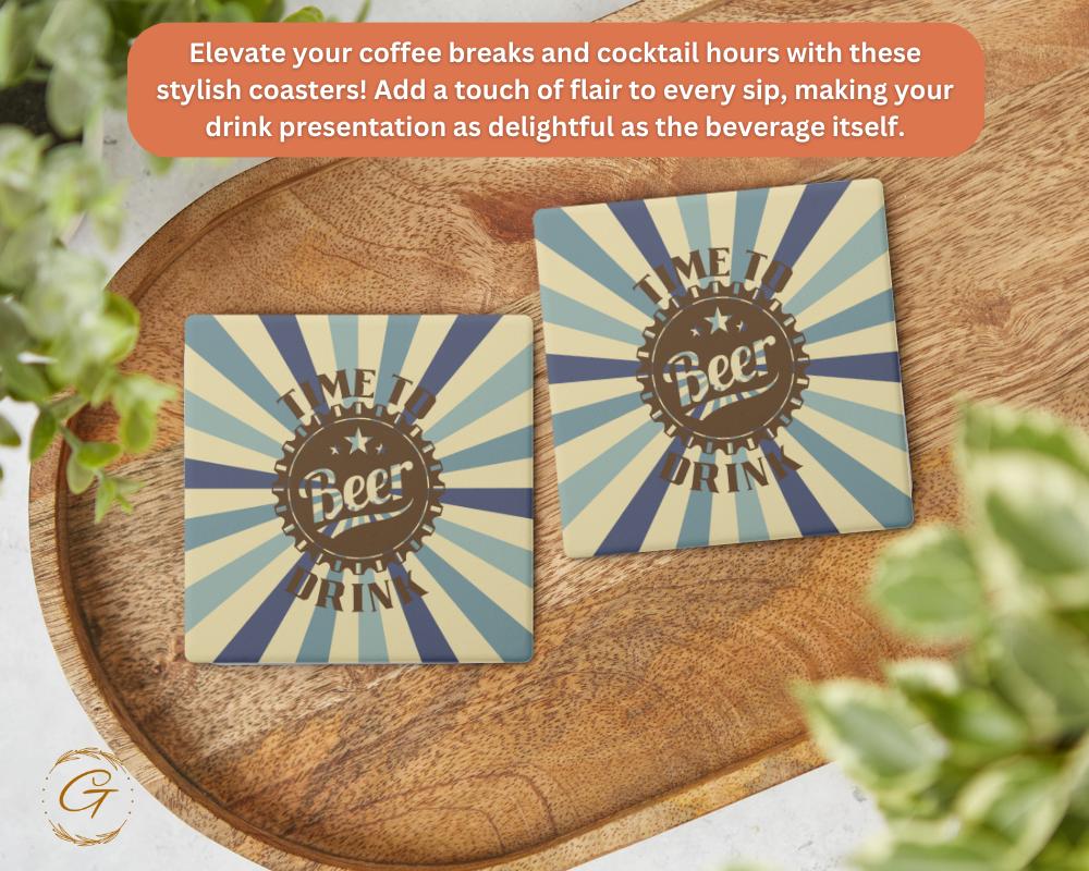 Soapstone Coaster with Time To Drink Beer Retro Design, Unique Cork Backing Cool Bar Coasters, Perfect Gift for Beer Lovers, Drinkware Decor