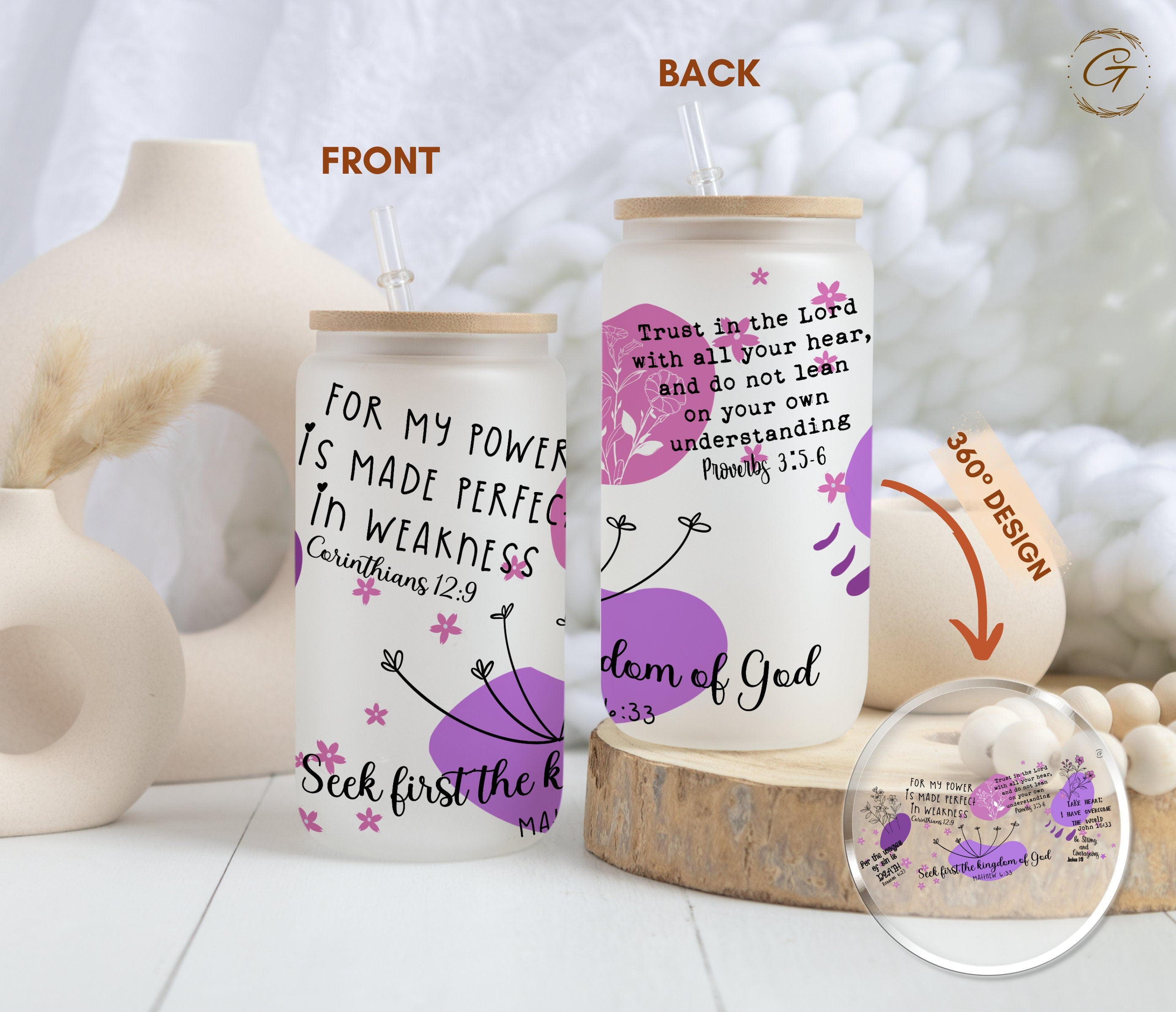 16oz Christian Affirmation Frosted Libbey Cup, Purple Inspirational Drinkware Gift, Spiritual Encouragement Gift, Bible Affirmations Tumbler