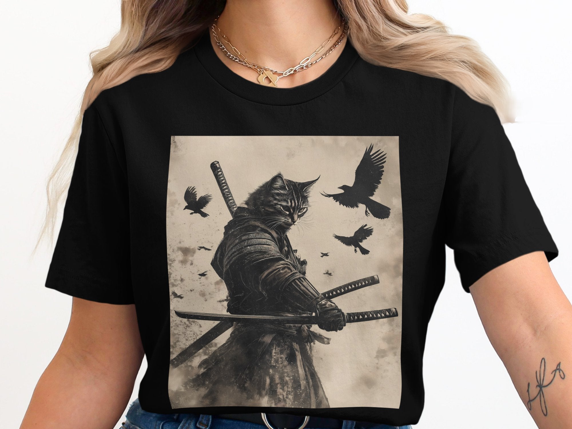 Fierce Cat Warrior with Swords and Crows T-shirt product