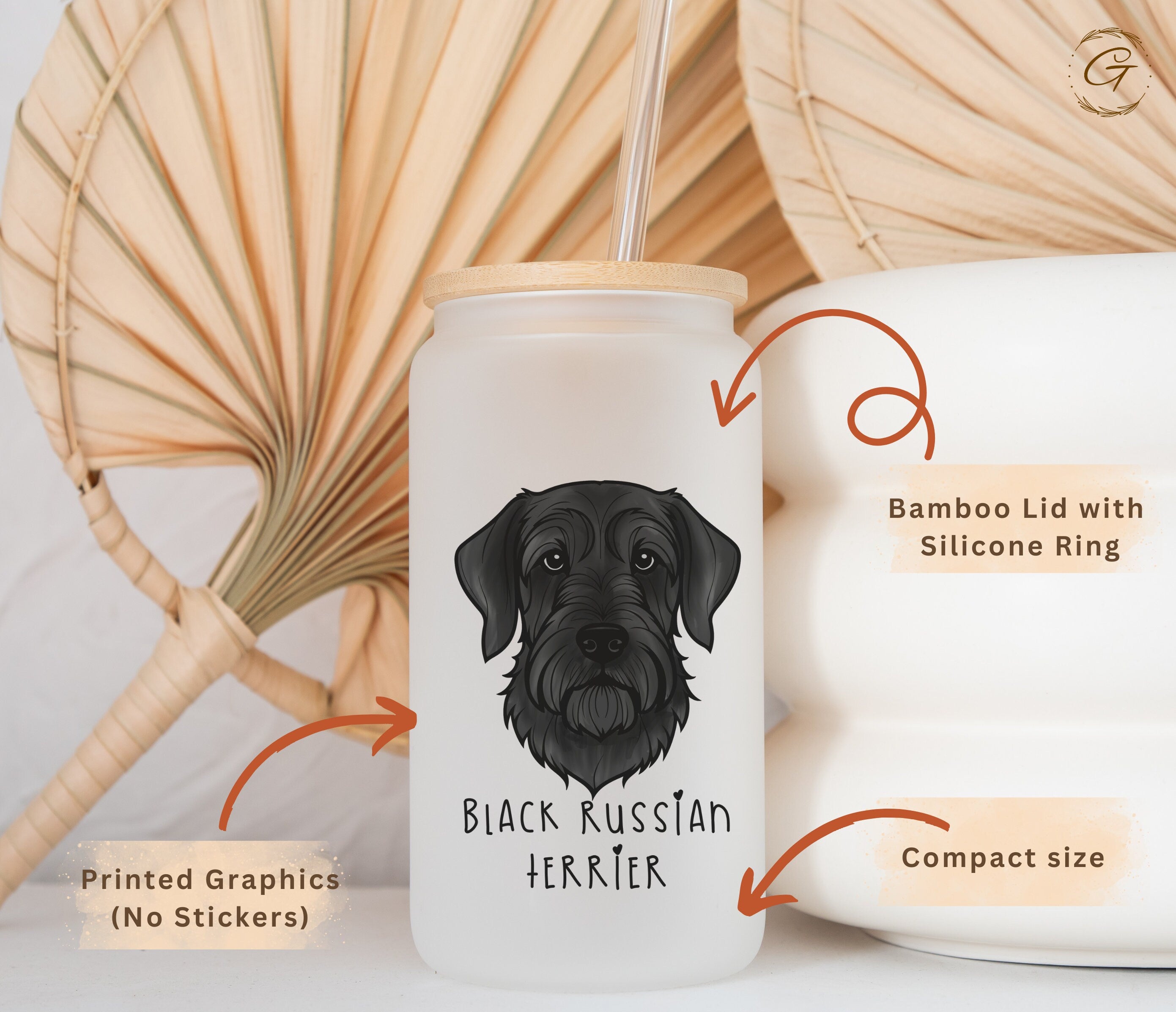 Black Russian Terrier Design Frosted Glass Cup Personalized Dog Breed Coffee Cup