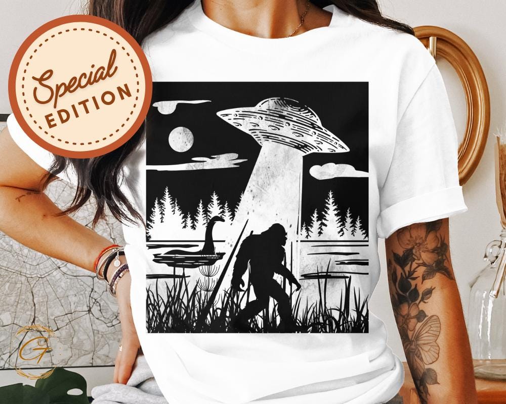 Bigfoot and UFO Encounter Design T-Shirt, Vintage Cryptid Design Tee