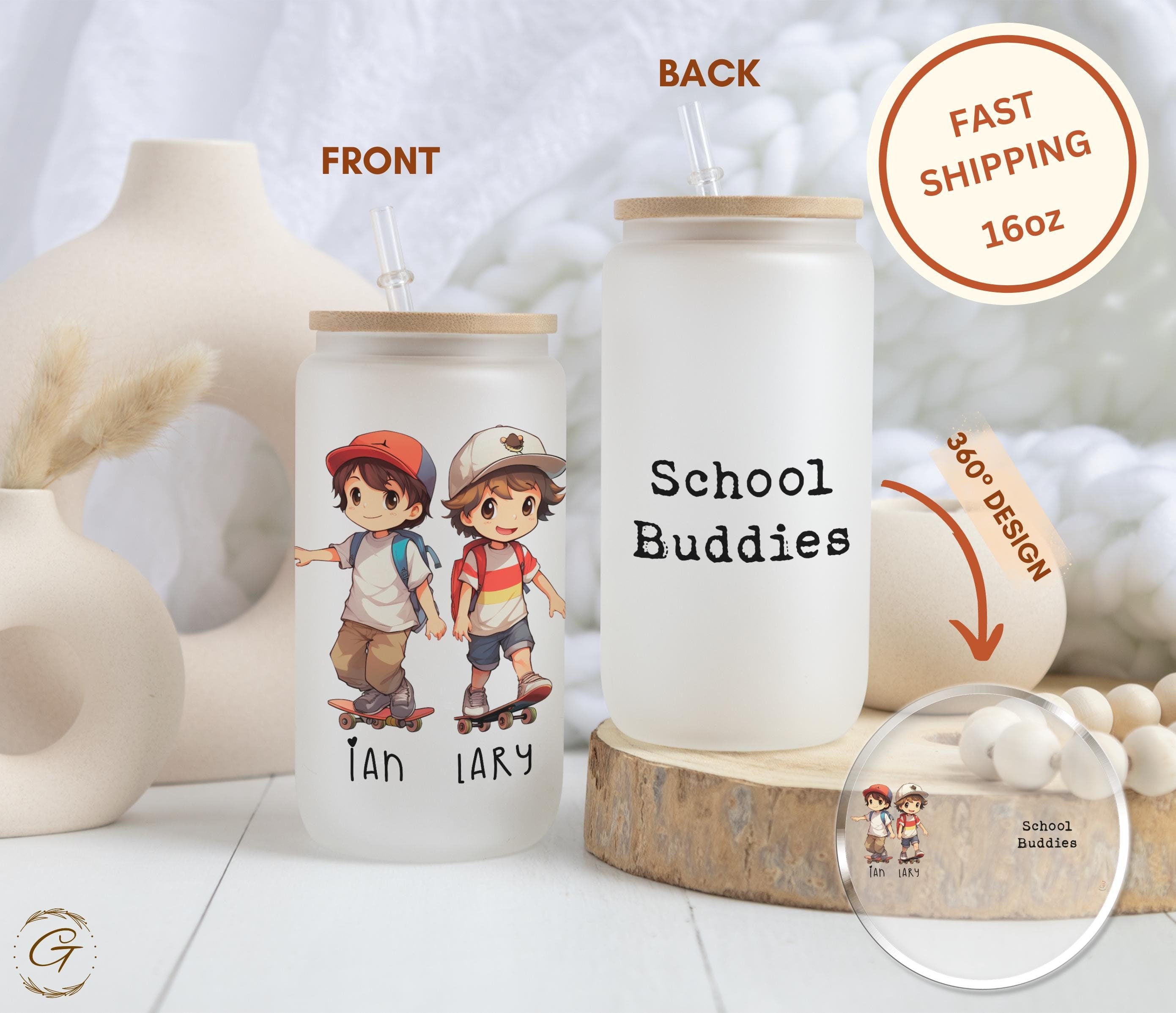 School Buddies Frosted Personalized Glass Cup Kids Skateboarding Libbey Cup