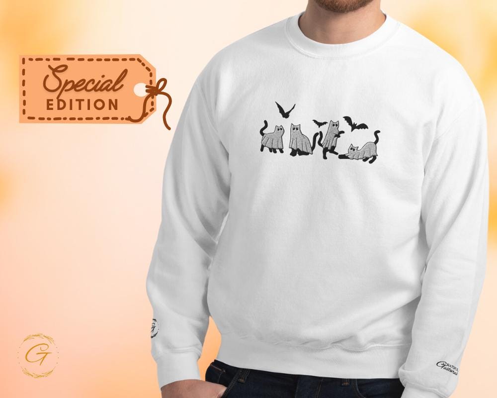 Halloween Sweatshirt, Embroidery Ghost Cats Sweatshirt Spooky Casual Sweatshirt, Long-Sleeve Crewneck Cozy Cute Ghost Cat Design Warm-Up Top