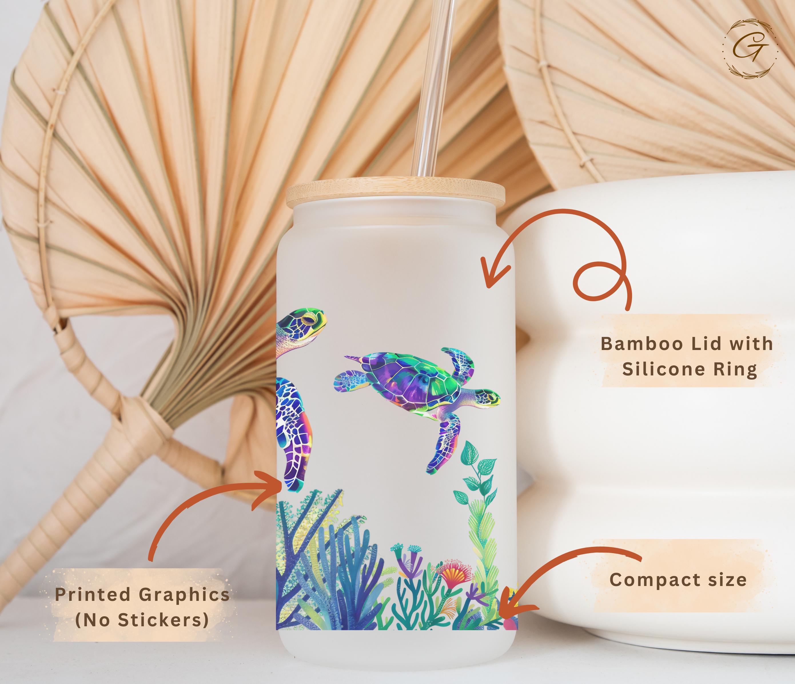 Ocean Turtles and  Corals Design Frosted Glass Cup