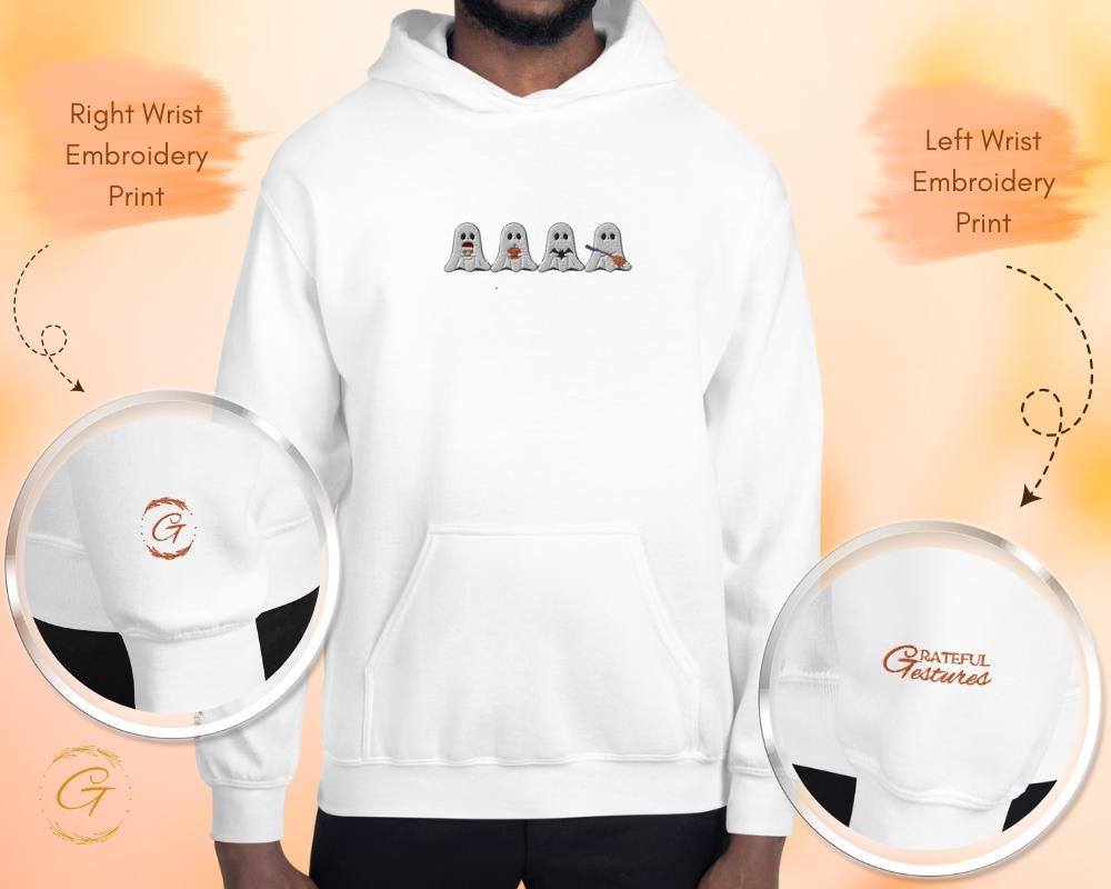 Halloween Ghosts Hoodie,Embroidery Design Four Boos Graphic Hooded Sweatshirt Spooky Season Hooded Pullover Spooky Ghost Warm-Up Top Sweater