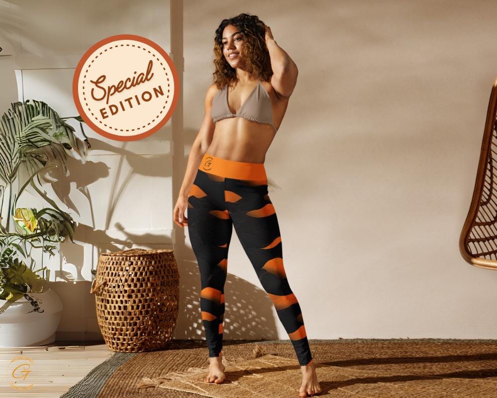 Bold Orange Black Abstract Yoga Leggings and Shorts - AOP High-Waist Activewear for Women, Unique Gift for Yoga Enthusiast, Ideal Yogis Gift