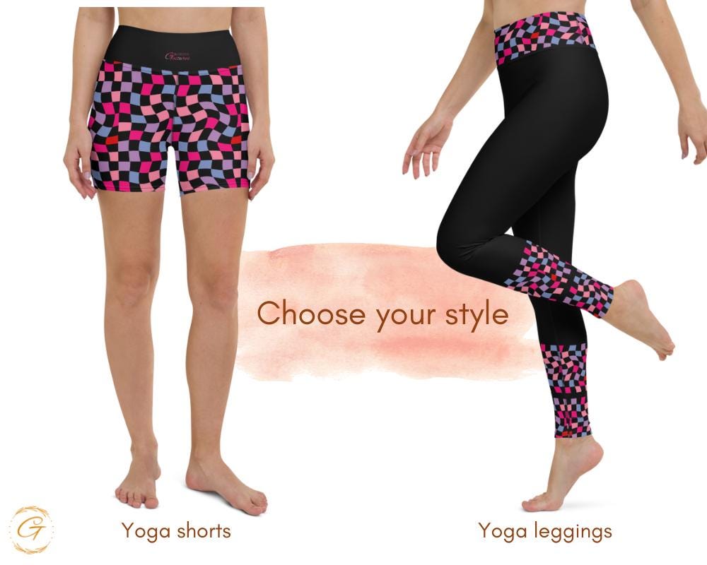Vibrant Checkered Yoga Shorts and Leggings, Comfortable High Quality Activewear, Perfect for Workouts Yoga and Everyday Wear Stretchy Fabric