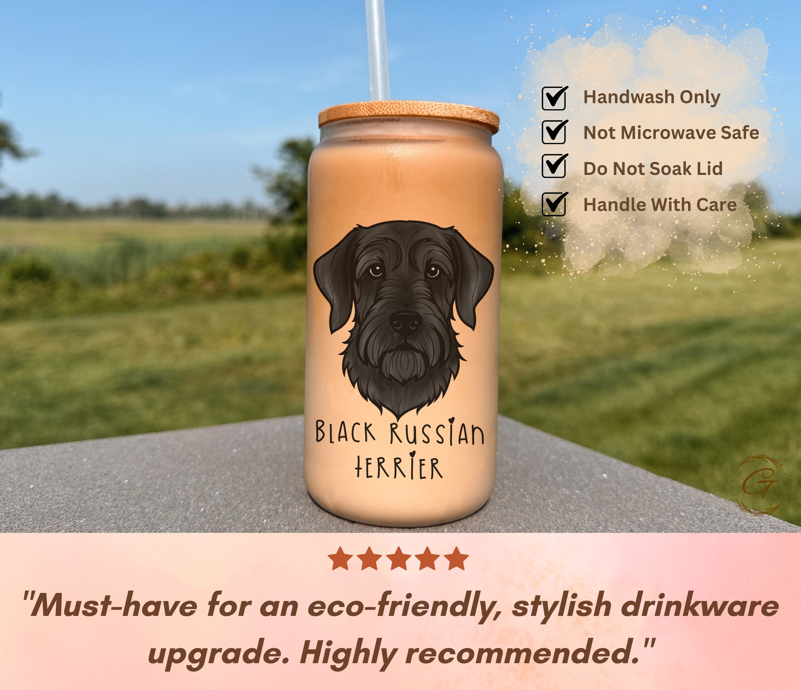 Black Russian Terrier Design Frosted Glass Cup Personalized Dog Breed Coffee Cup