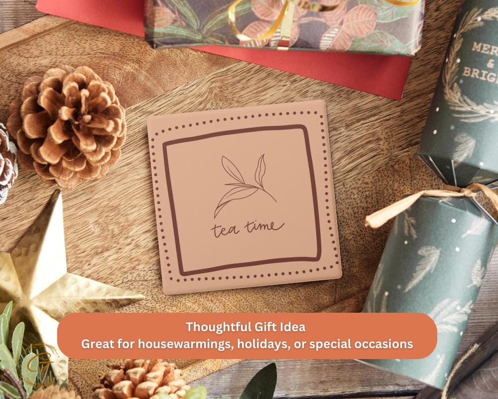 Soapstone Coaster Tea Time Brown Square Design with Cork Backing Unique Tea Lovers Gift,Functional Home Decor Stylish Table's Drink Coaster