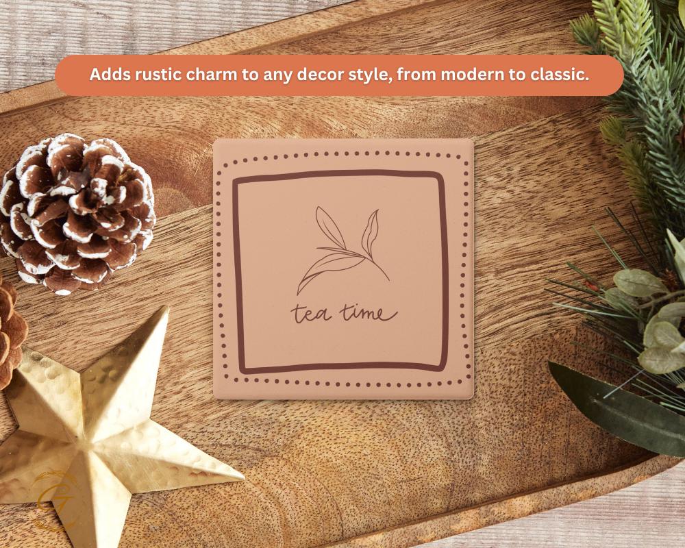 Soapstone Coaster Tea Time Brown Square Design with Cork Backing Unique Tea Lovers Gift,Functional Home Decor Stylish Table's Drink Coaster