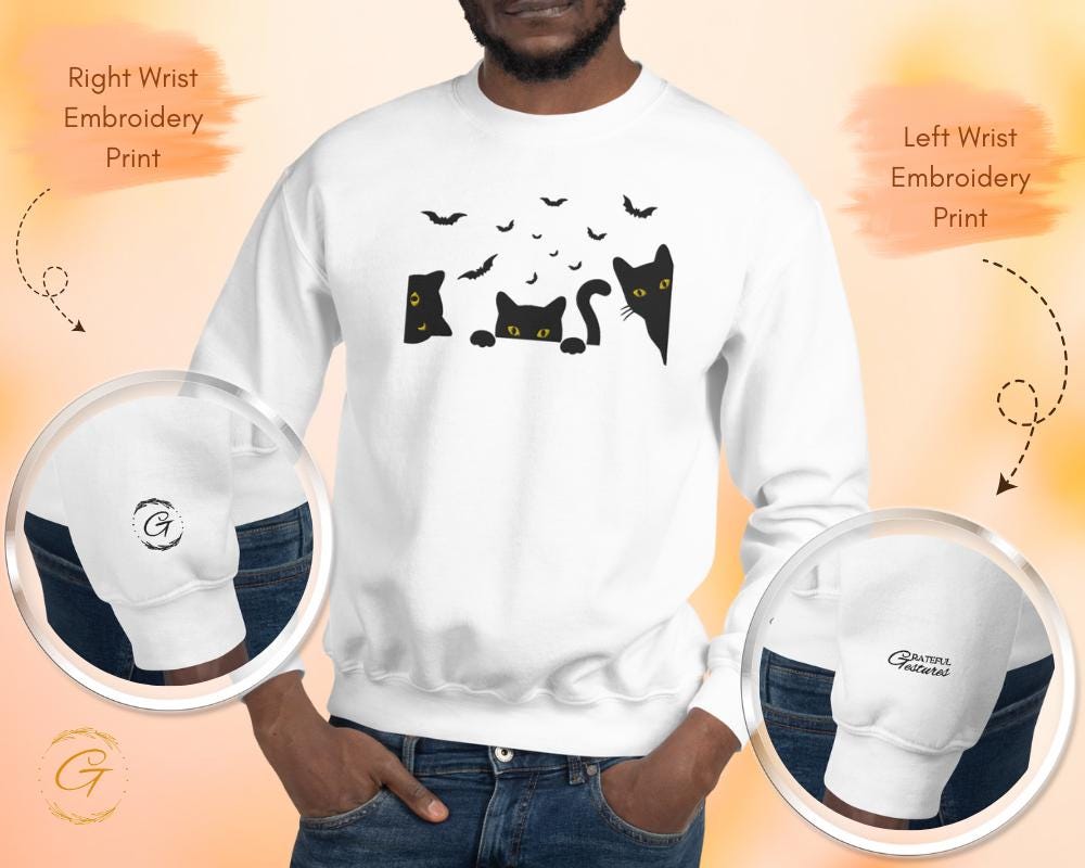 Halloween Sweatshirt, Embroidery Design Spooky Cats and Bats Pullover, Spooky Season Black Cat Sweatshirt Creepy Cute Cat Lover Crewneck Top