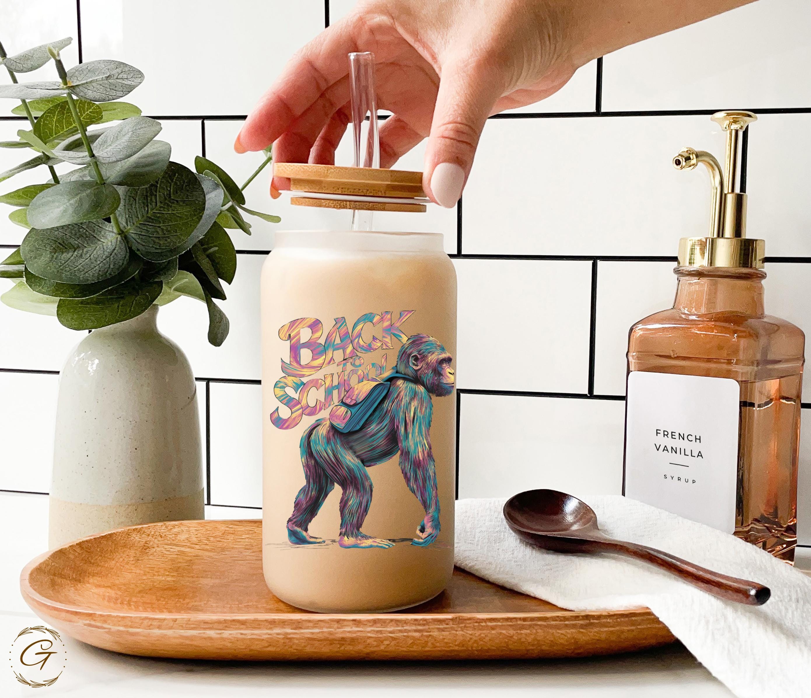 Colorful Artistic Monkey Design Frosted Glass Cup