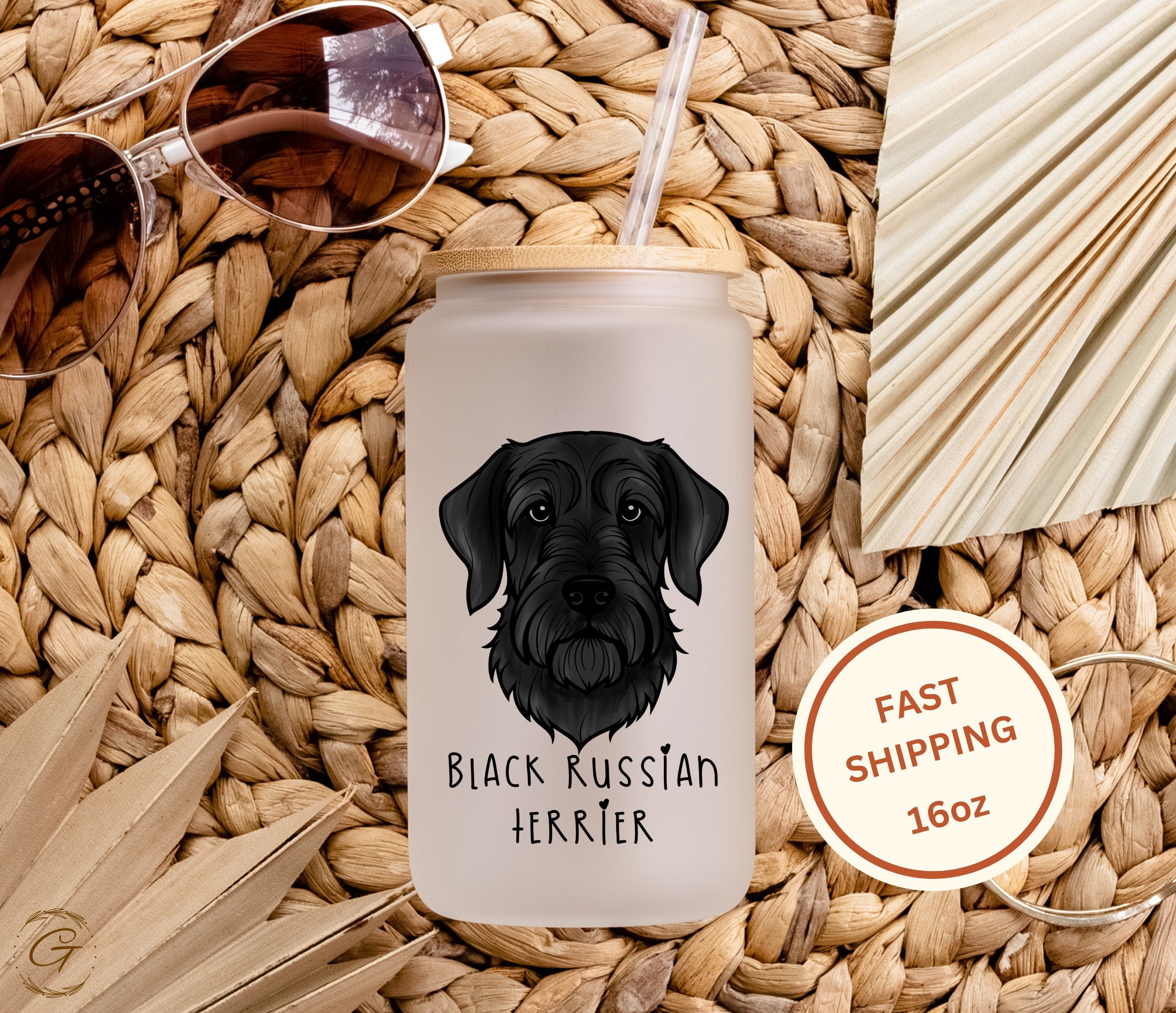 Black Russian Terrier Design Frosted Glass Cup Personalized Dog Breed Coffee Cup