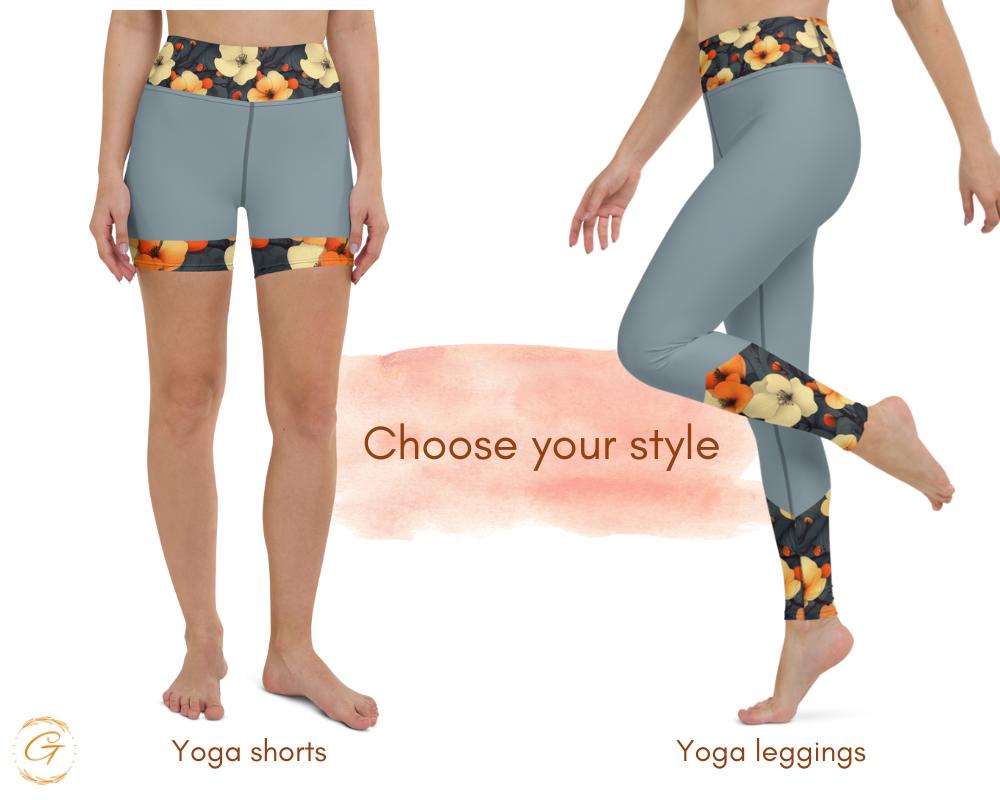 AOP Gray Floral Yoga Leggings & Shorts - High-Waisted Women’s Activewear - Trendy Workout Gear - Comfortable Gym Pants - Unique Fitness Gift
