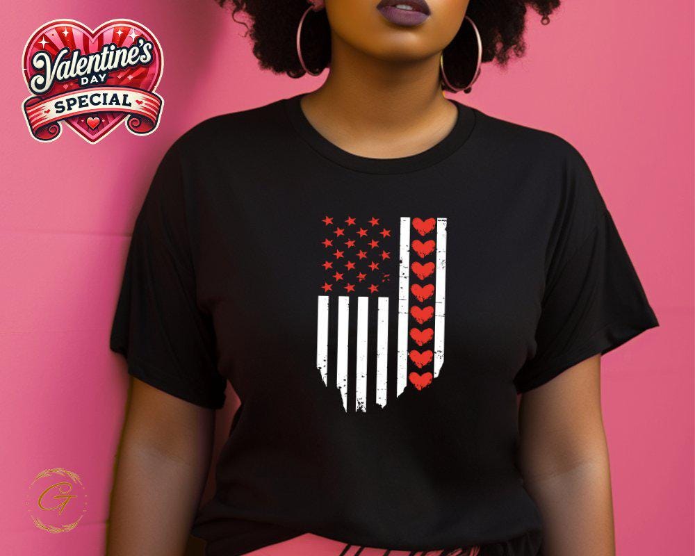 Valentine T-Shirt, Patriotic American Flag Hearts Tee