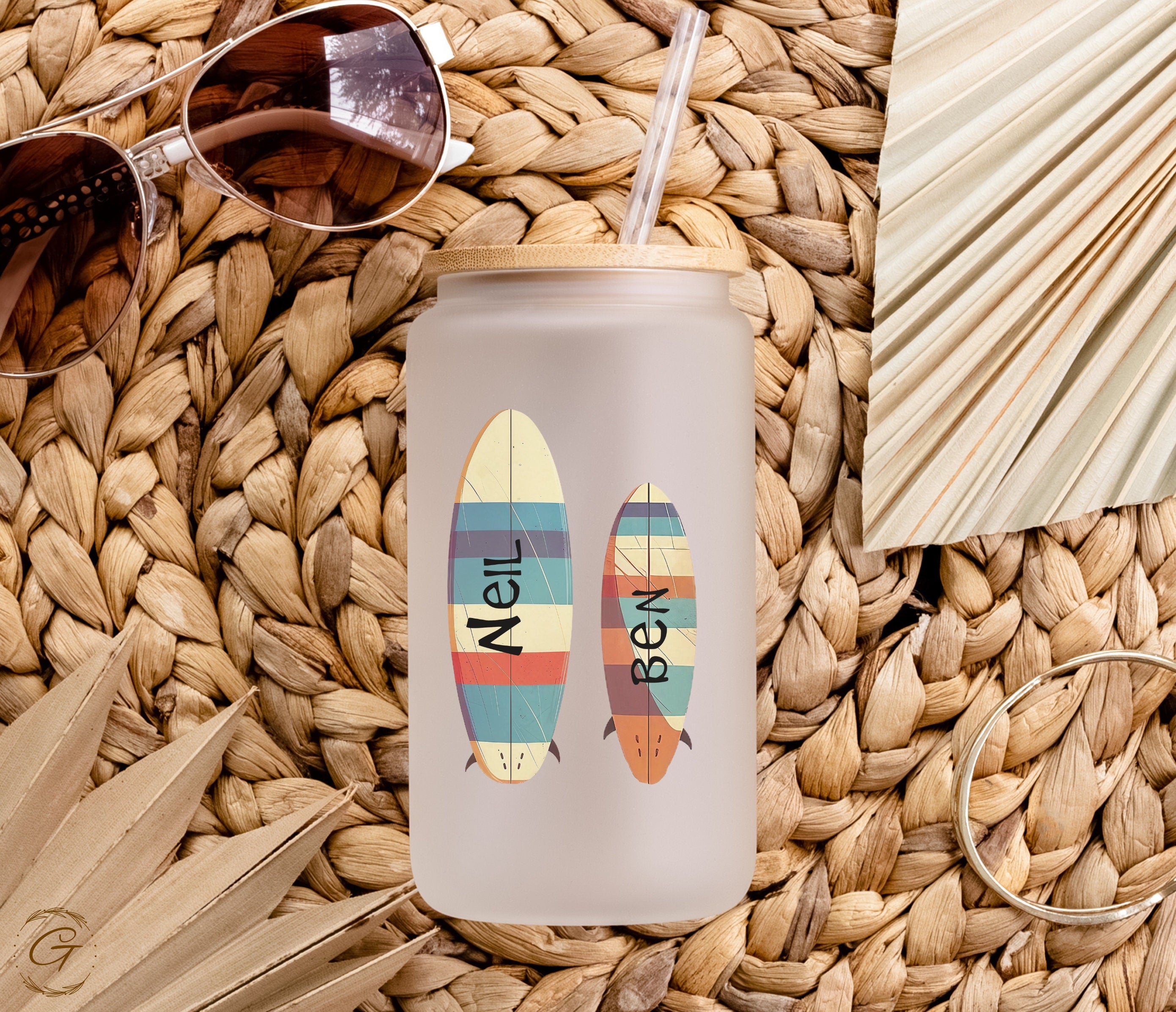 Surf Dad and Son Custom Frosted Glass Cup