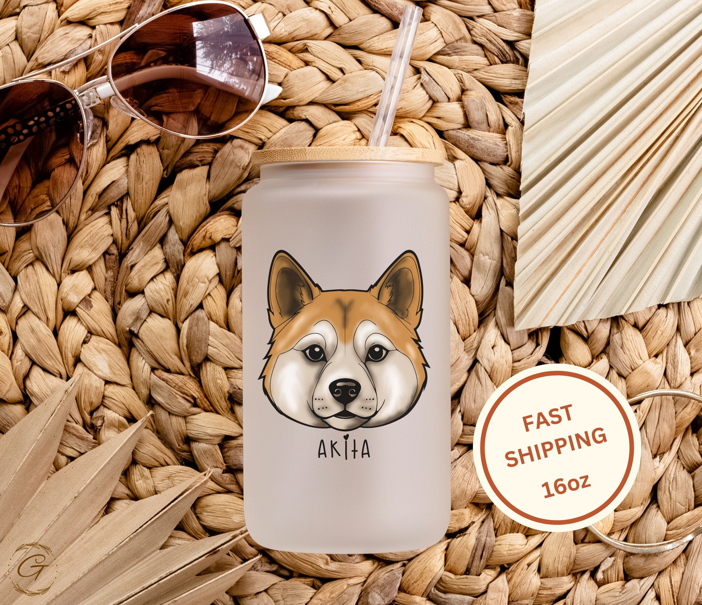 Akita Design Frosted Glass Tumbler with Personalized Name, Unique Dog Lover Gift Customized Drinkware for Dog Lover Gift Pet Lover Drinkware