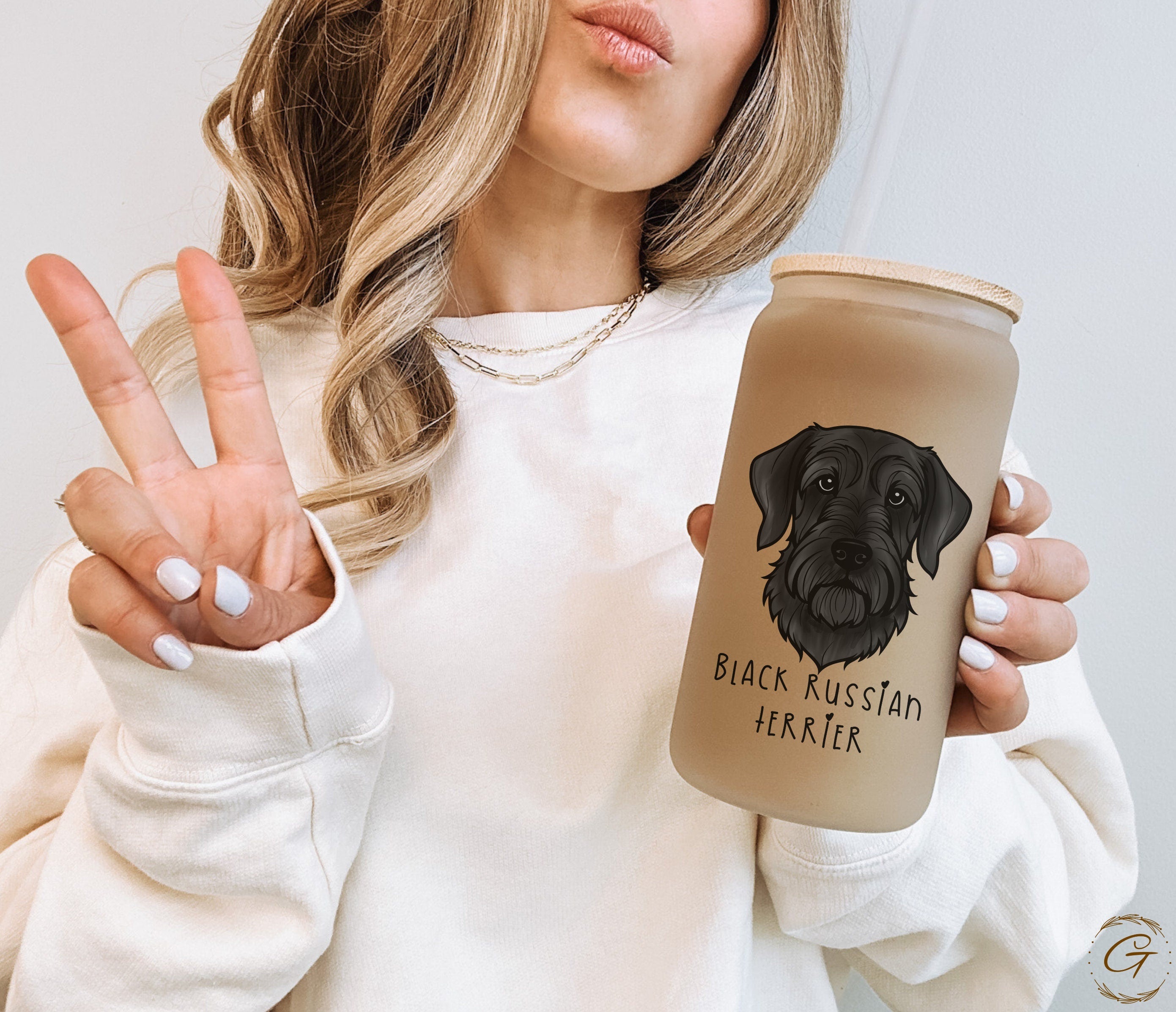 Black Russian Terrier Design Frosted Glass Cup Personalized Dog Breed Coffee Cup