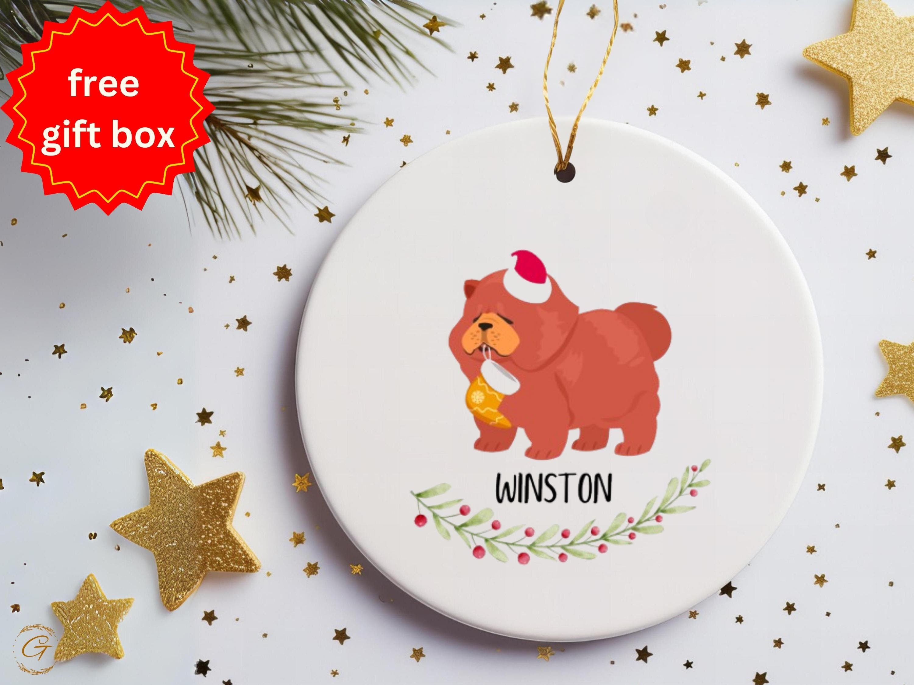 Personalised Cute Dog Christmas Ornament, Red Chow Chow Dog with Santa Hat Stocking Animal Tree Decorations, Holiday Gift Keepsake Pet Lover