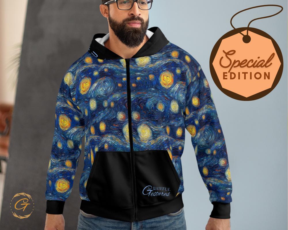 Starry Night Unisex Zip Hoodie All-Over Print Van Gogh Inspired Sweatshirt