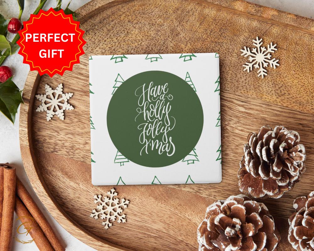 Soapstone Coaster with "Have a Holly Jolly Christmas" Green Design, Festive Holiday Coaster, Cork Backing, Christmas Decor, Unique Gift Idea