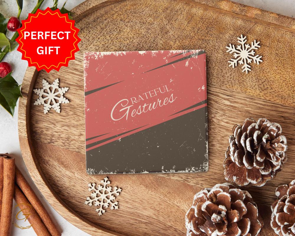 Soapstone Coaster with Grateful Gestures Retro with Red & Brown Design Cork Backing, Vintage Style, Perfect for Home Decor, Unique Gift Idea