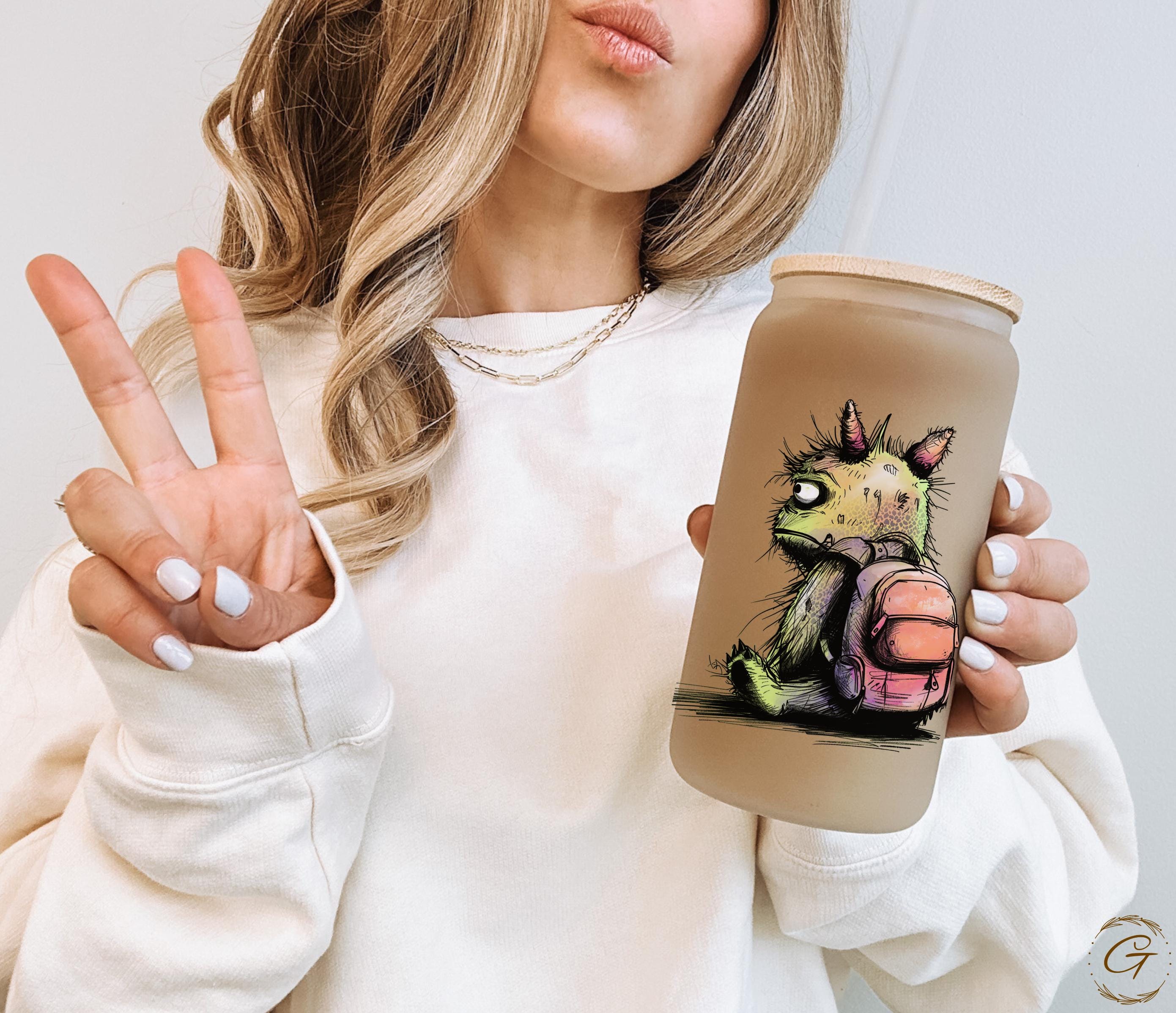 Cute Frosted Glass Cup with Summer Monster