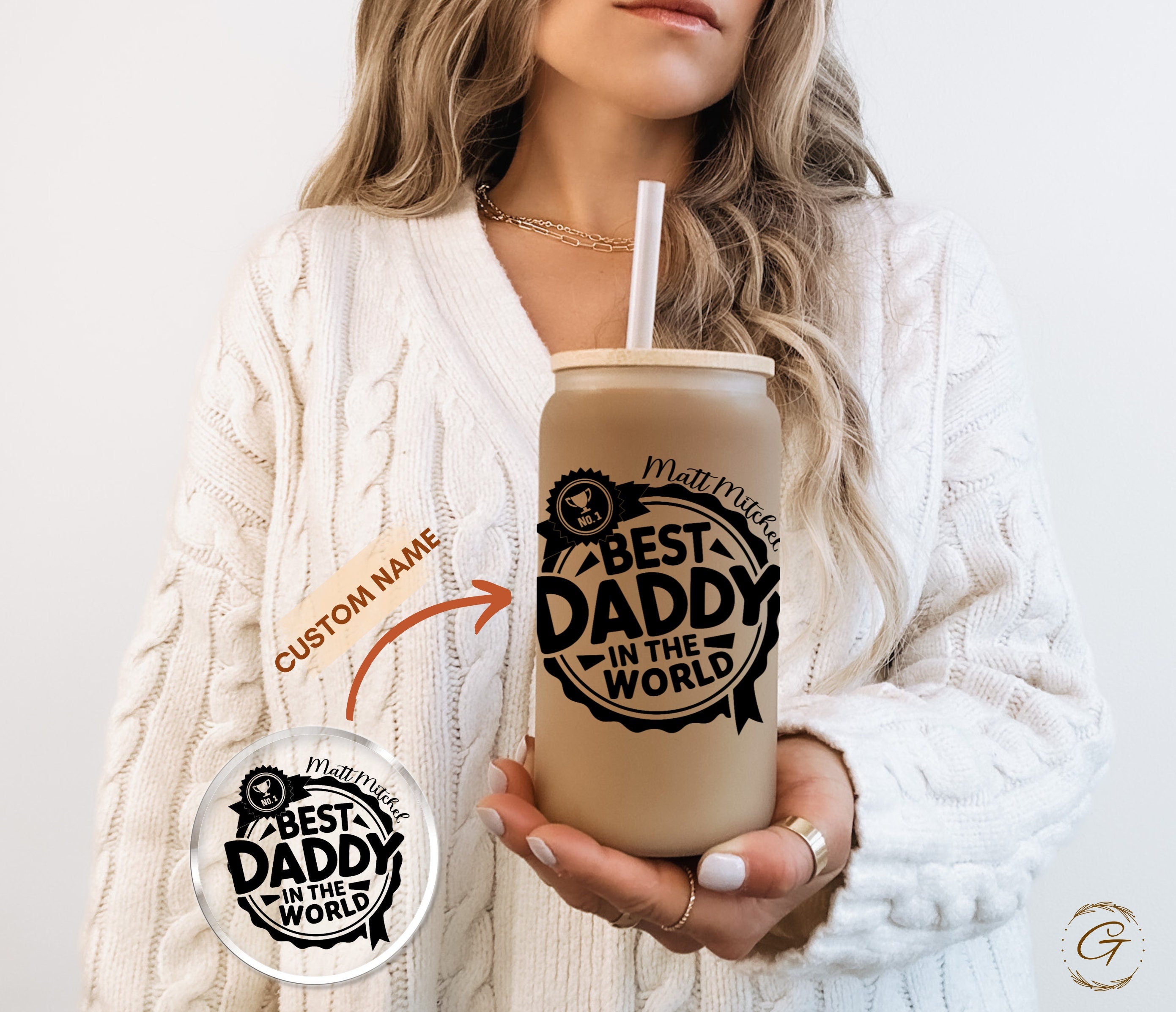 Custom Name Best Daddy in the World Frosted Glass Cup 16oz, Perfect Unique Father’s Day Gift,  Ideal for Morning Coffee, Thoughtful Dad Gift