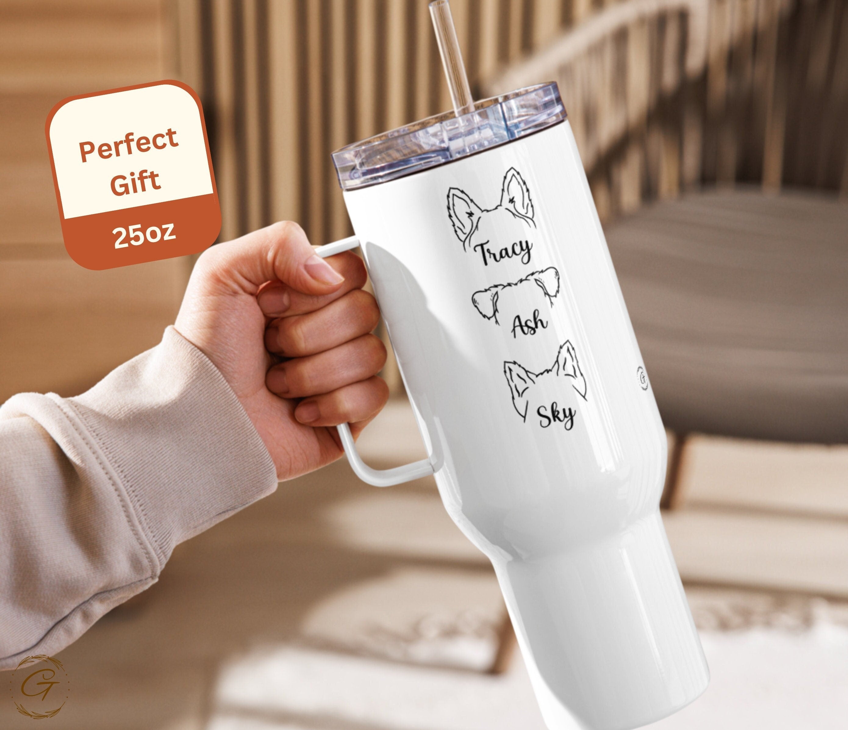 Personalized Dog Ears & Name 25-oz Travel Mug, Custom Coffee Mug with Handle, Perfect for Pet Lovers Great Gifts, Handled Mug for Pet Lovers