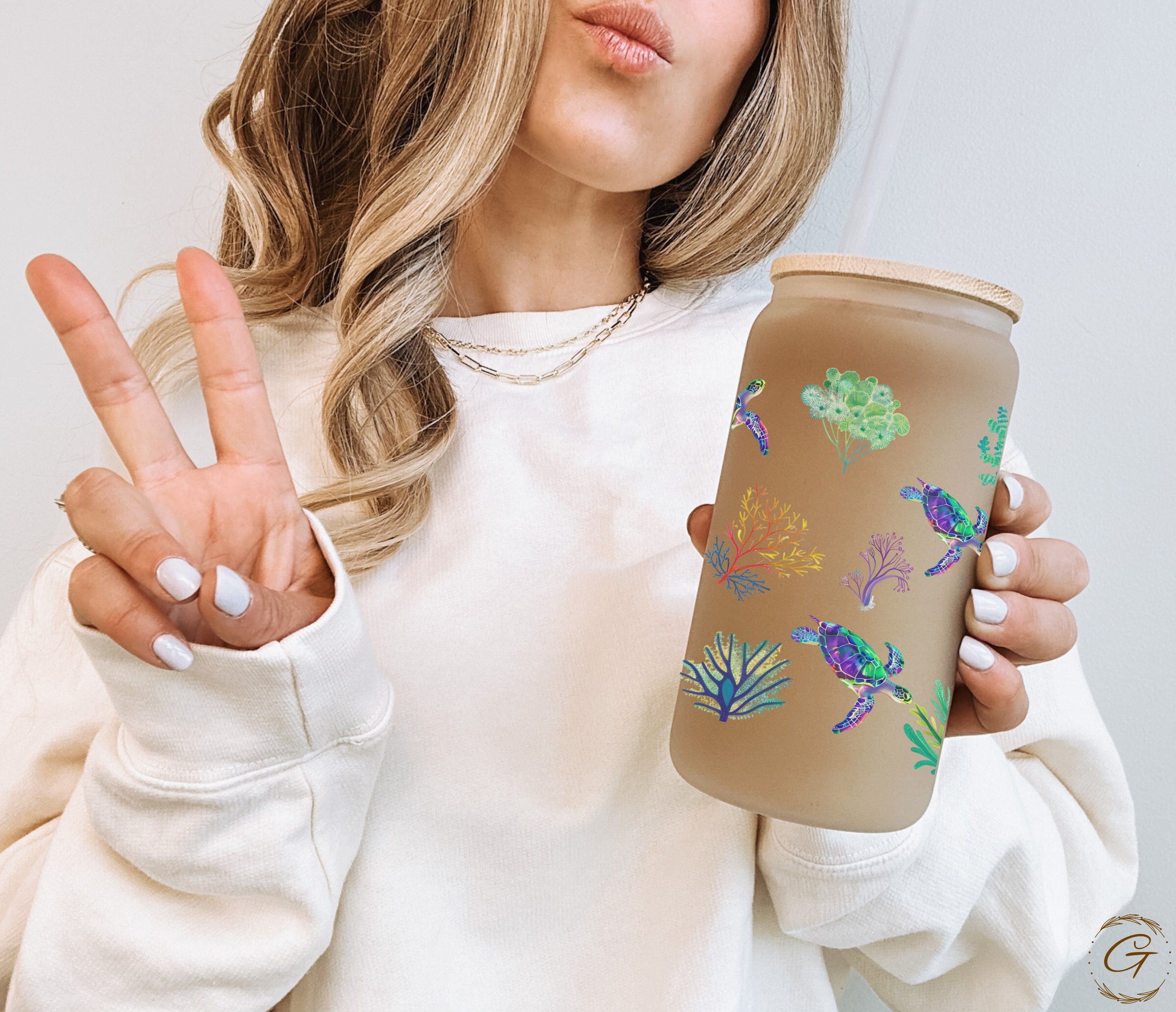 Colorful Turtles and Corals Frosted Glass Tumbler