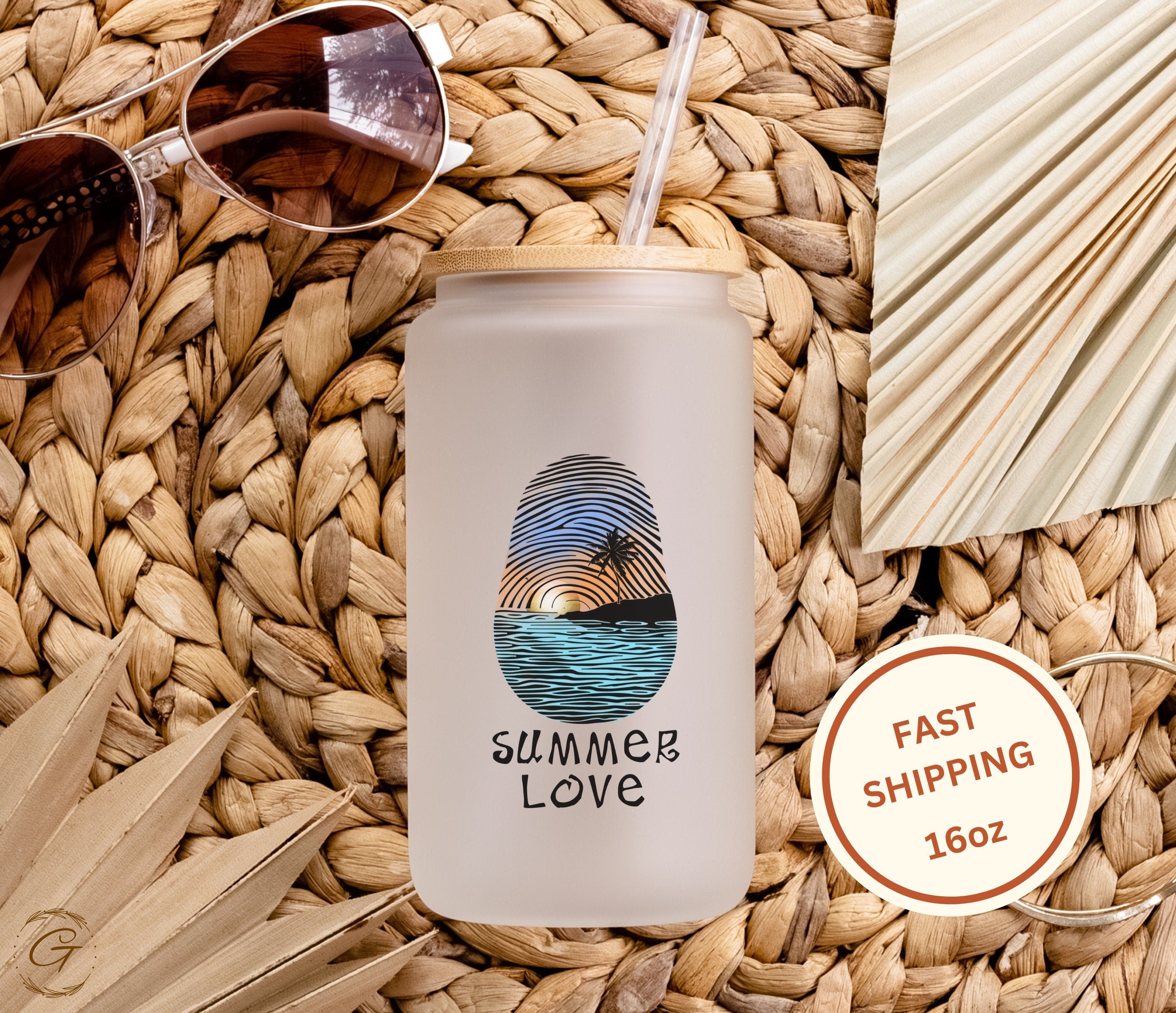 Summer Love Sunset Beach Design Frosted Glass Cup