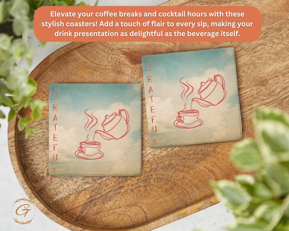 Square Stone Coasters with Grateful Tea Time Design, Durable Cork Backing, Elegant and Absorbent Drink Coaster, Home Decor Perfect Gift Idea