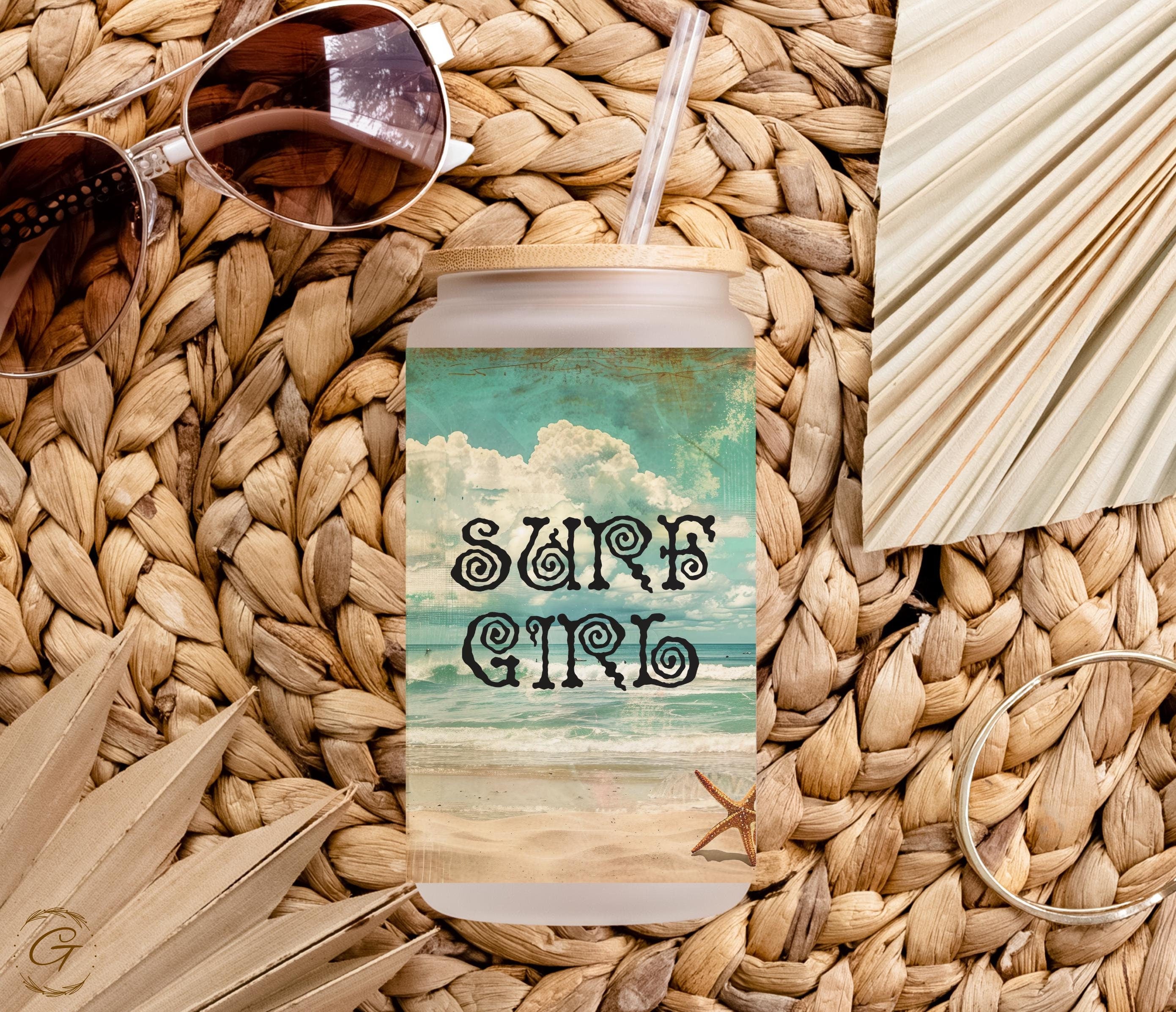 Surf Girl Beach Frosted Glass Cup, Personalized Libbey Cup