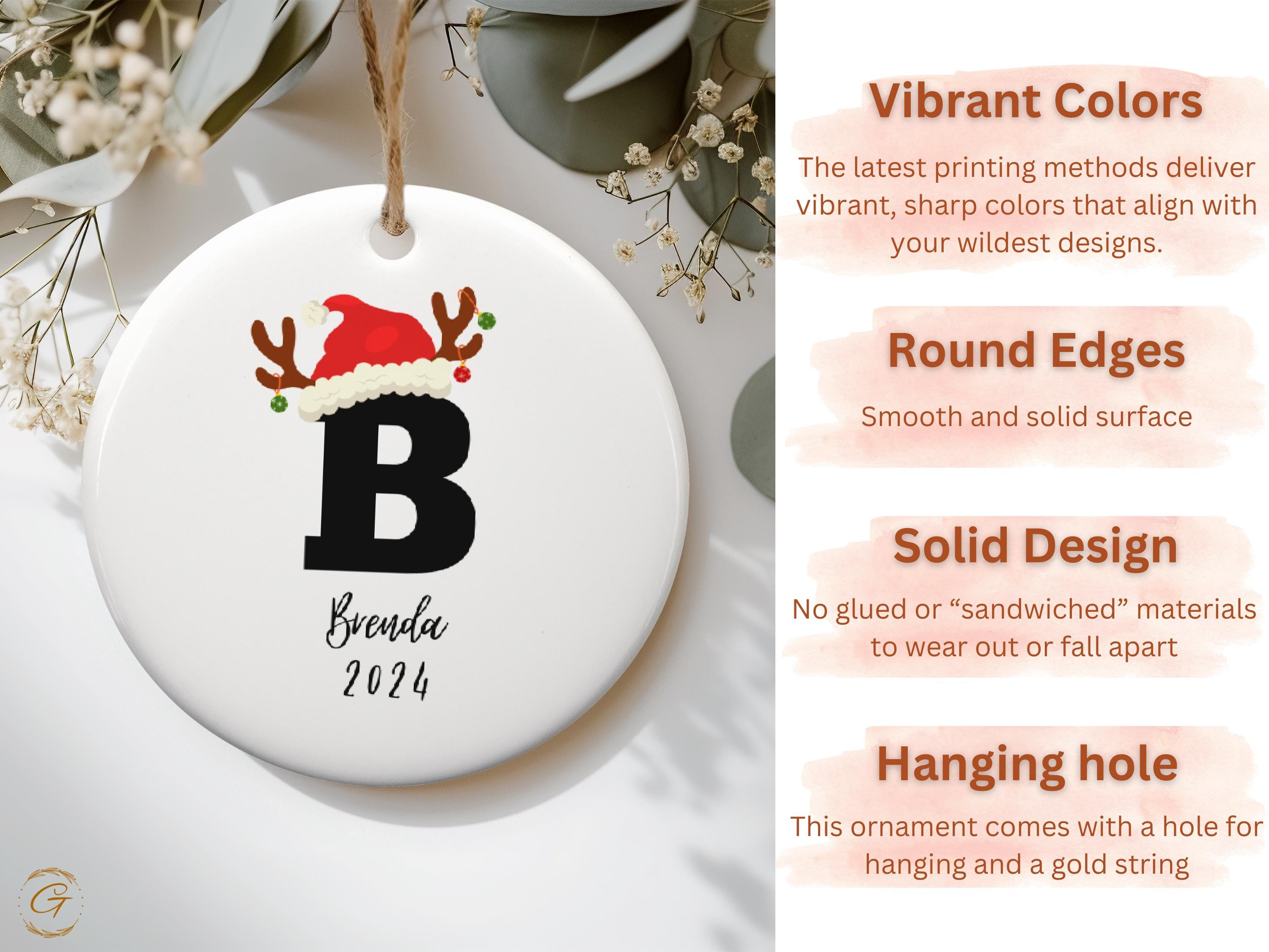 Festive Christmas Initial Name Ornament Santa Hat and Reindeer, Holiday Decoration Keepsake, Merry Christmas Celebration, Holiday Gift Ideas