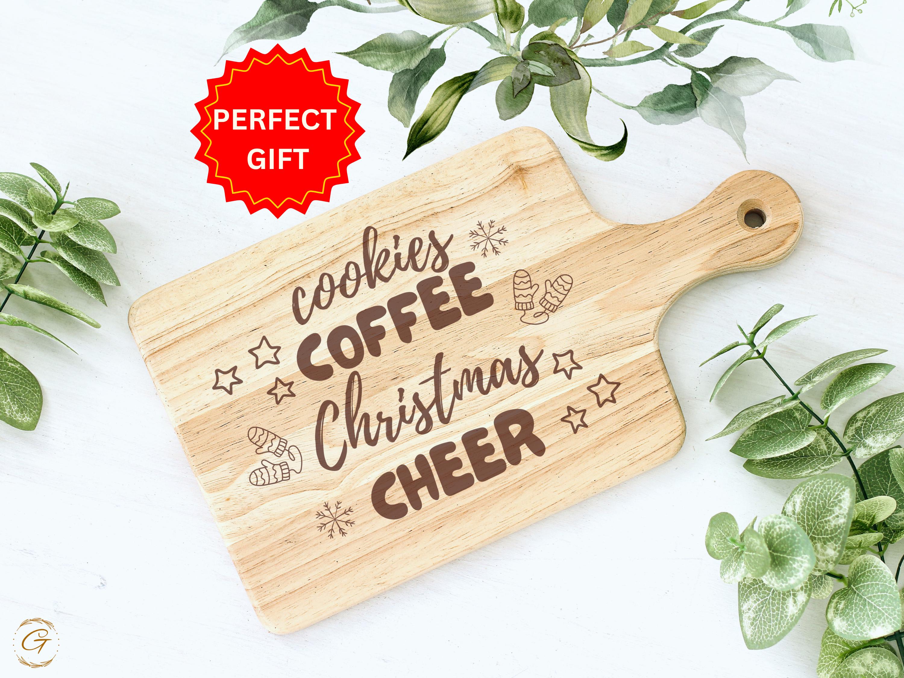 Cookies Coffee Christmas Cheer Cutting Board | Engrave Holiday Kitchen Gift |Christmas Gift Ideas for Baking and Christmas Decor | Prep Gift