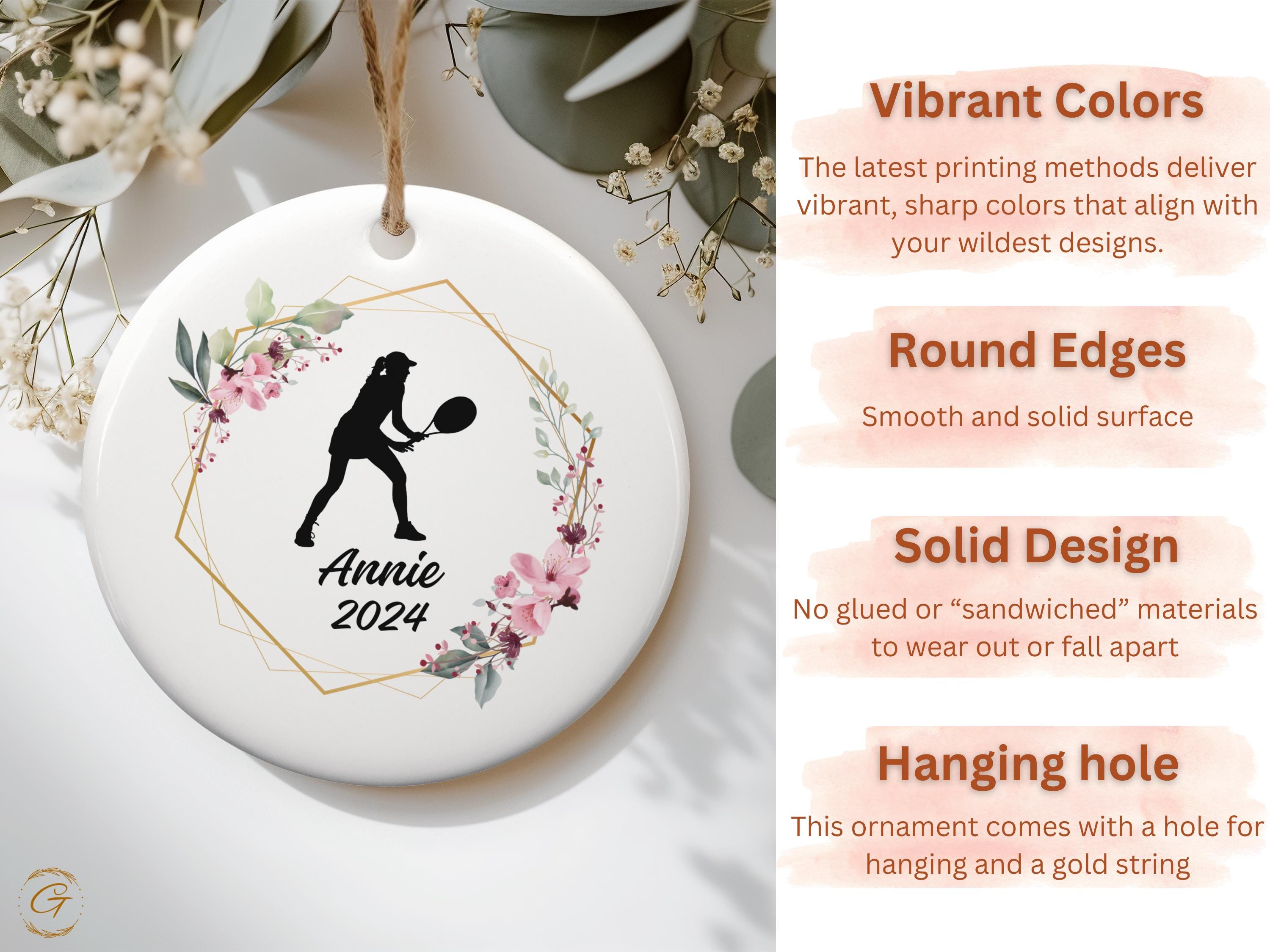 Custom Tennis Ornament, Personalised Sports Gifts, Female Tennis Player, Floral Decoration, Unique Christmas Keepsake, Gift for Tennis Lover